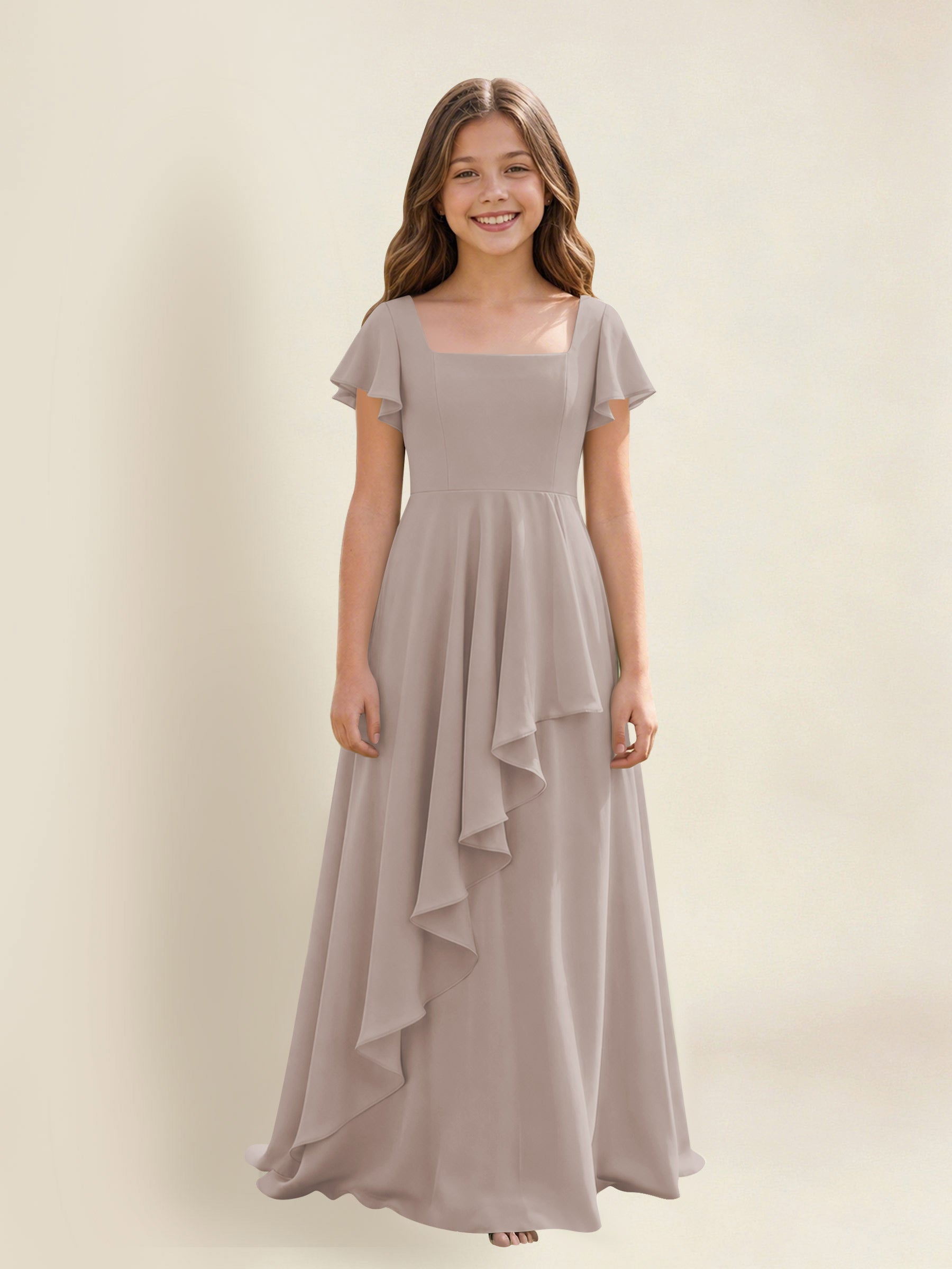 ROVDESY A-Line Square Neck Ruffle Chiffon Junior Bridesmaid Dress With Short Sleeves