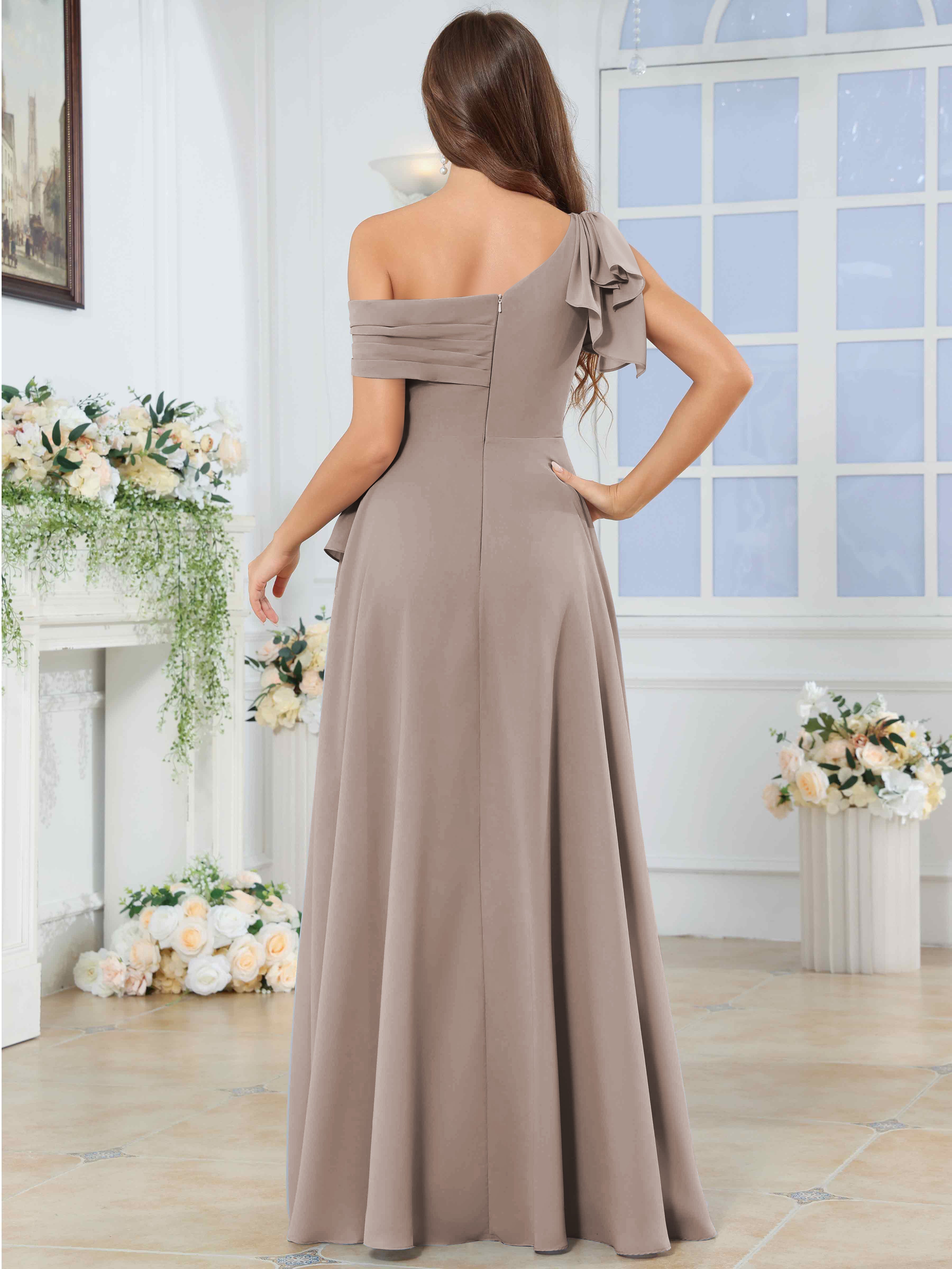 ROVDESY One Shoulder Pleated Ruffle Chiffon Bridesmaid Dress With Slit