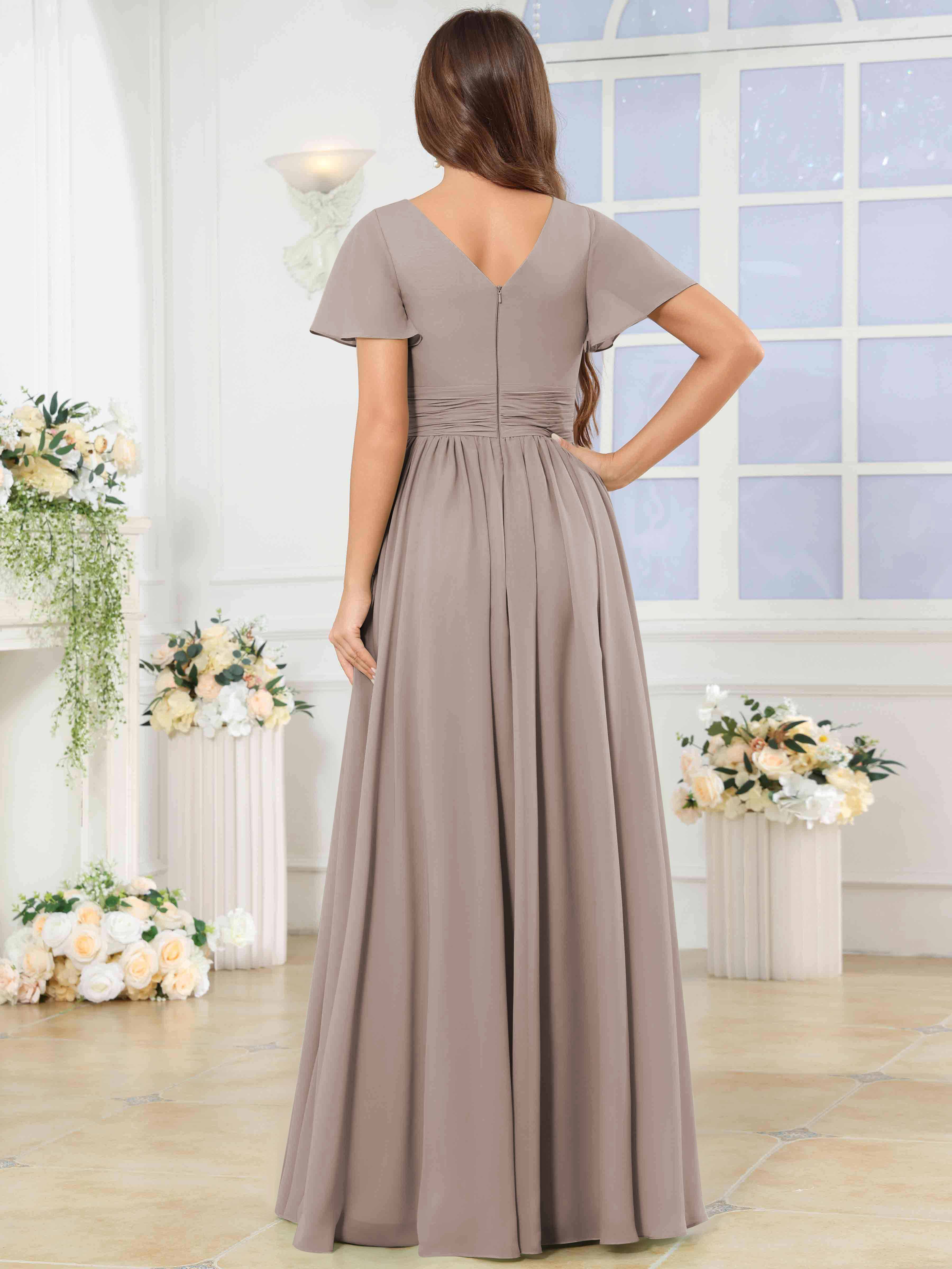 ROVDESY A-Line V-Neck Slit Pleated Ruffle Chiffon Bridesmaid Dress With Short Sleeves
