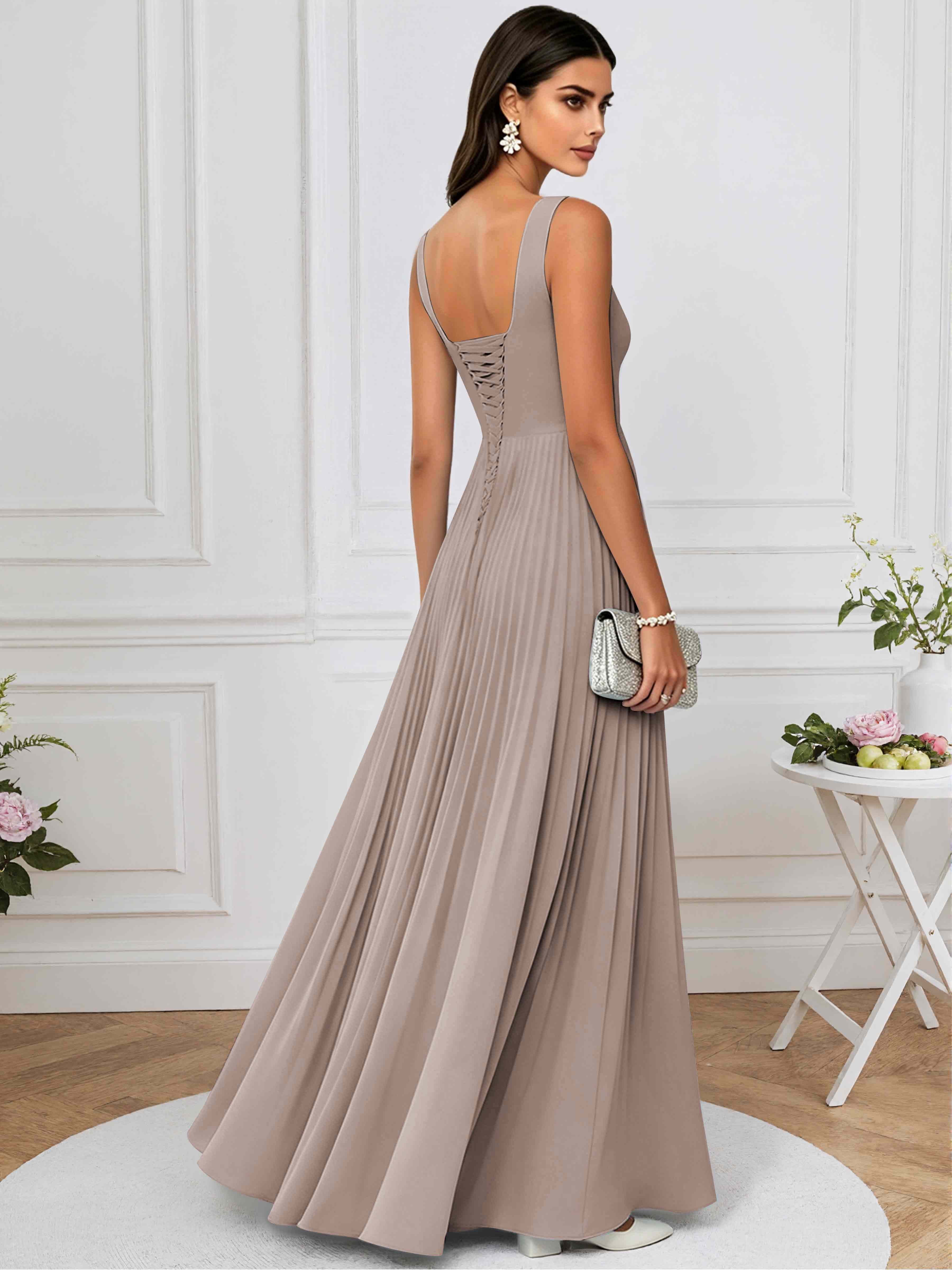 ROVDESY A-Line Square Neck Pleated Chiffon Long Bridesmaid/Prom Dress