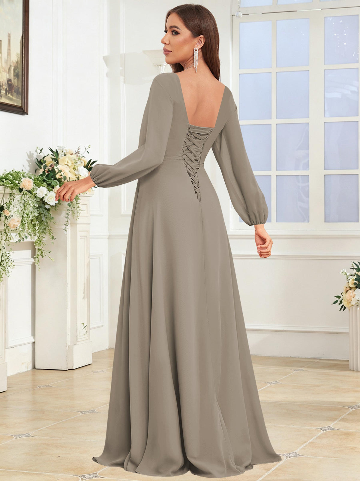 V Neck Chiffon Long Sleeve Bridesmaid Dresses with Slit