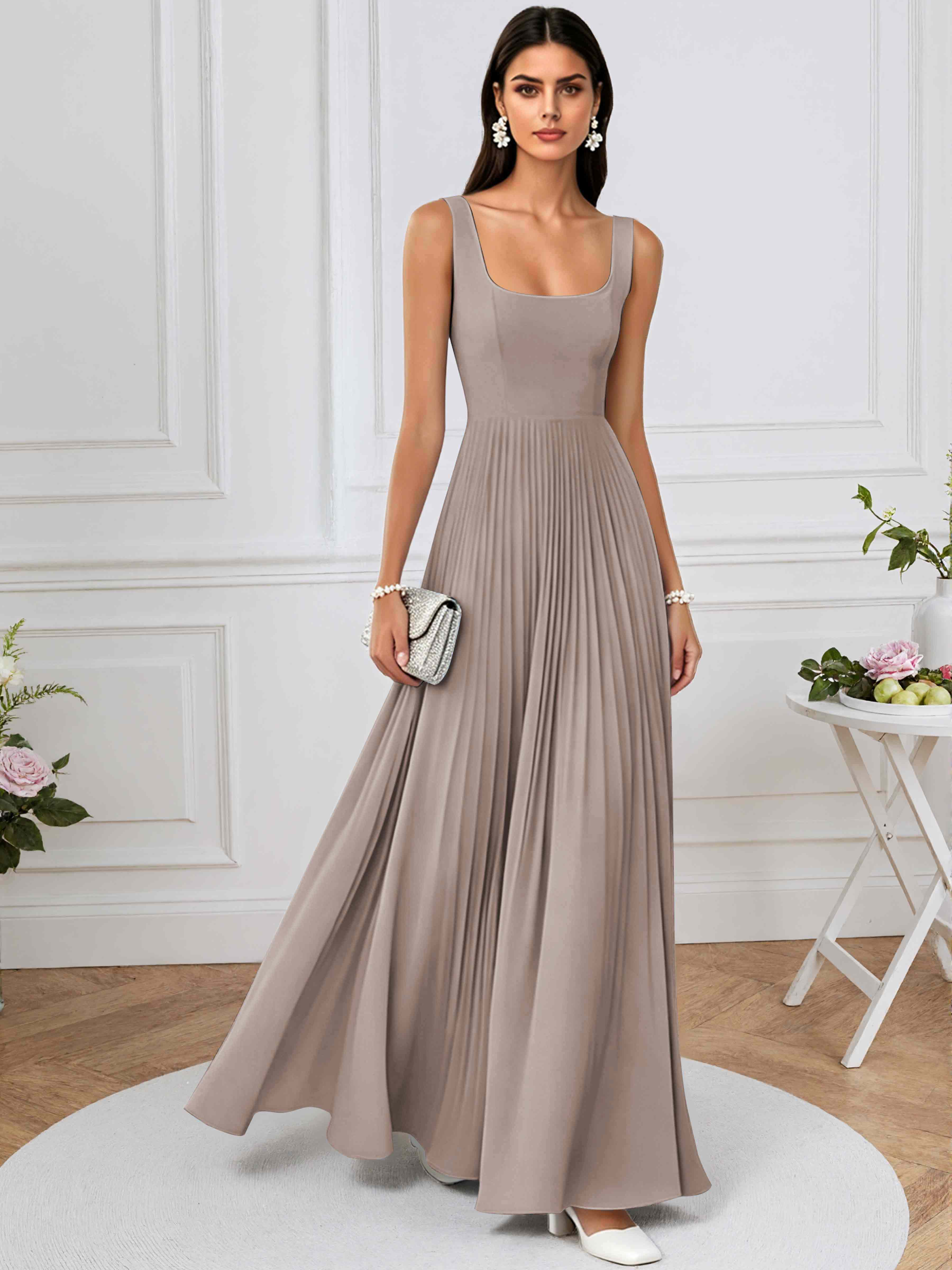 ROVDESY A-Line Square Neck Pleated Chiffon Long Bridesmaid/Prom Dress