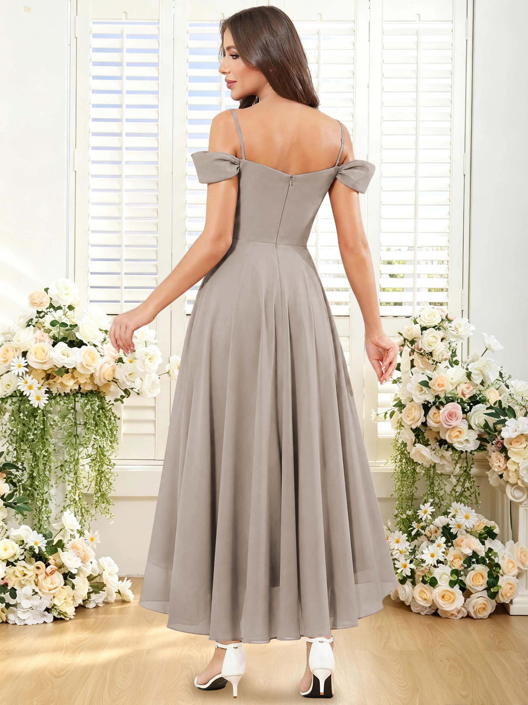 ROVDESY ROVDESY Short Cold Shoulder Sweetheart High Low Pleated Chiffon Bridesmaid Dress