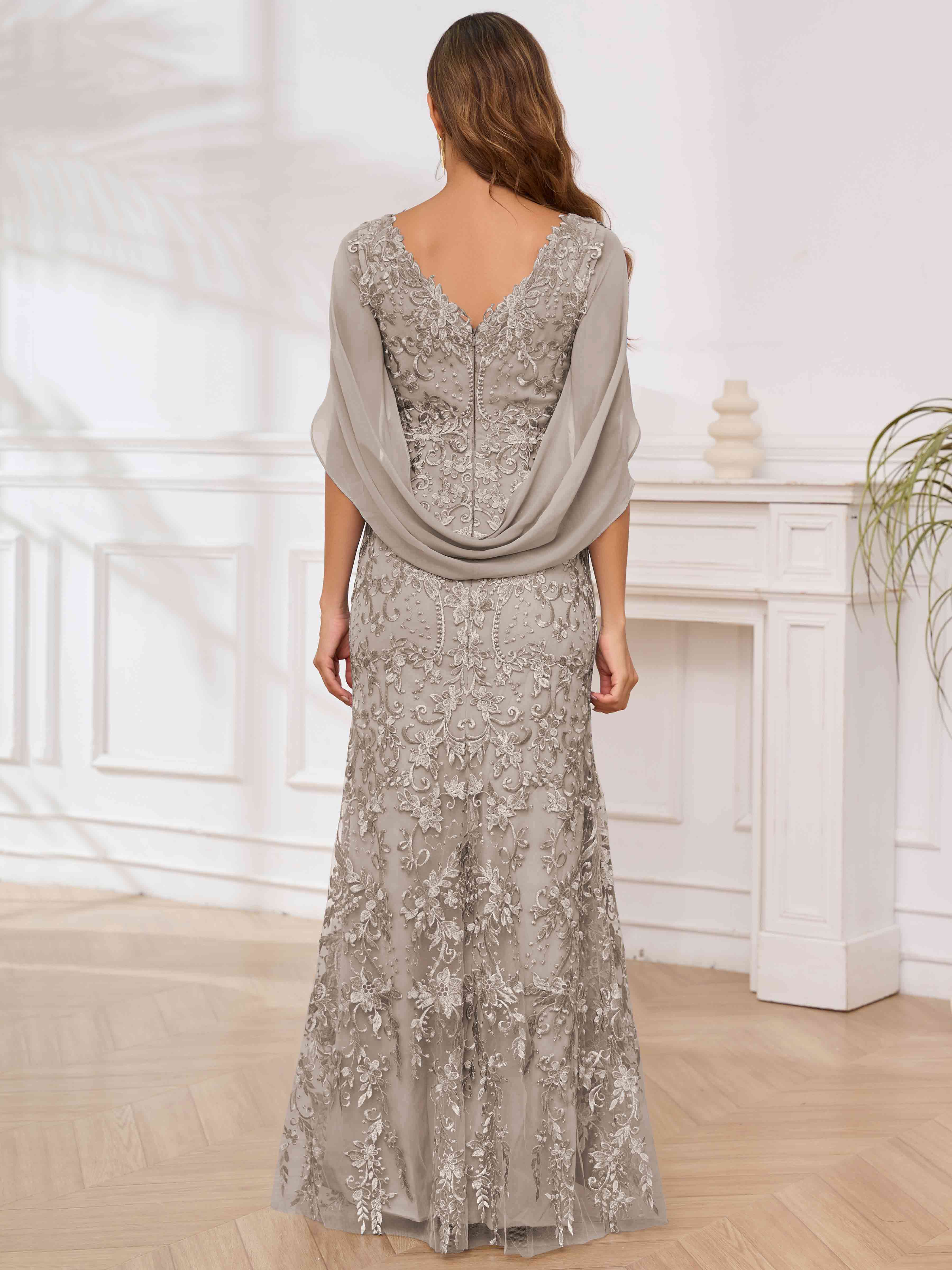 ROVDESY V-Neck Lace Mermaid Mother Of The Bride Dress With Cape Sleeves Long Formal Gown