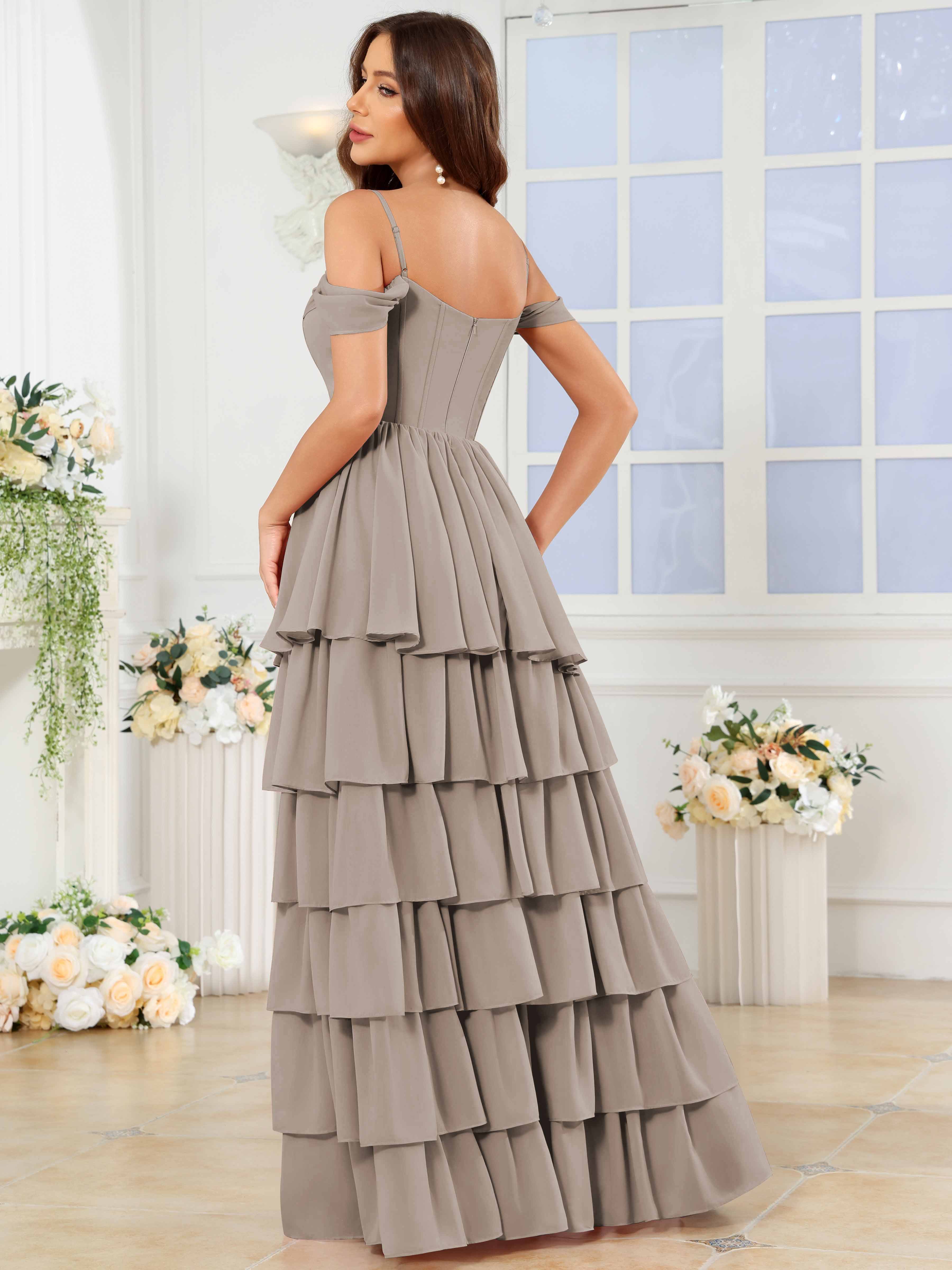 ROVDESY A-Line Off The Shoulder Tiered Chiffon Bridesmaid/Prom Dress With Slit