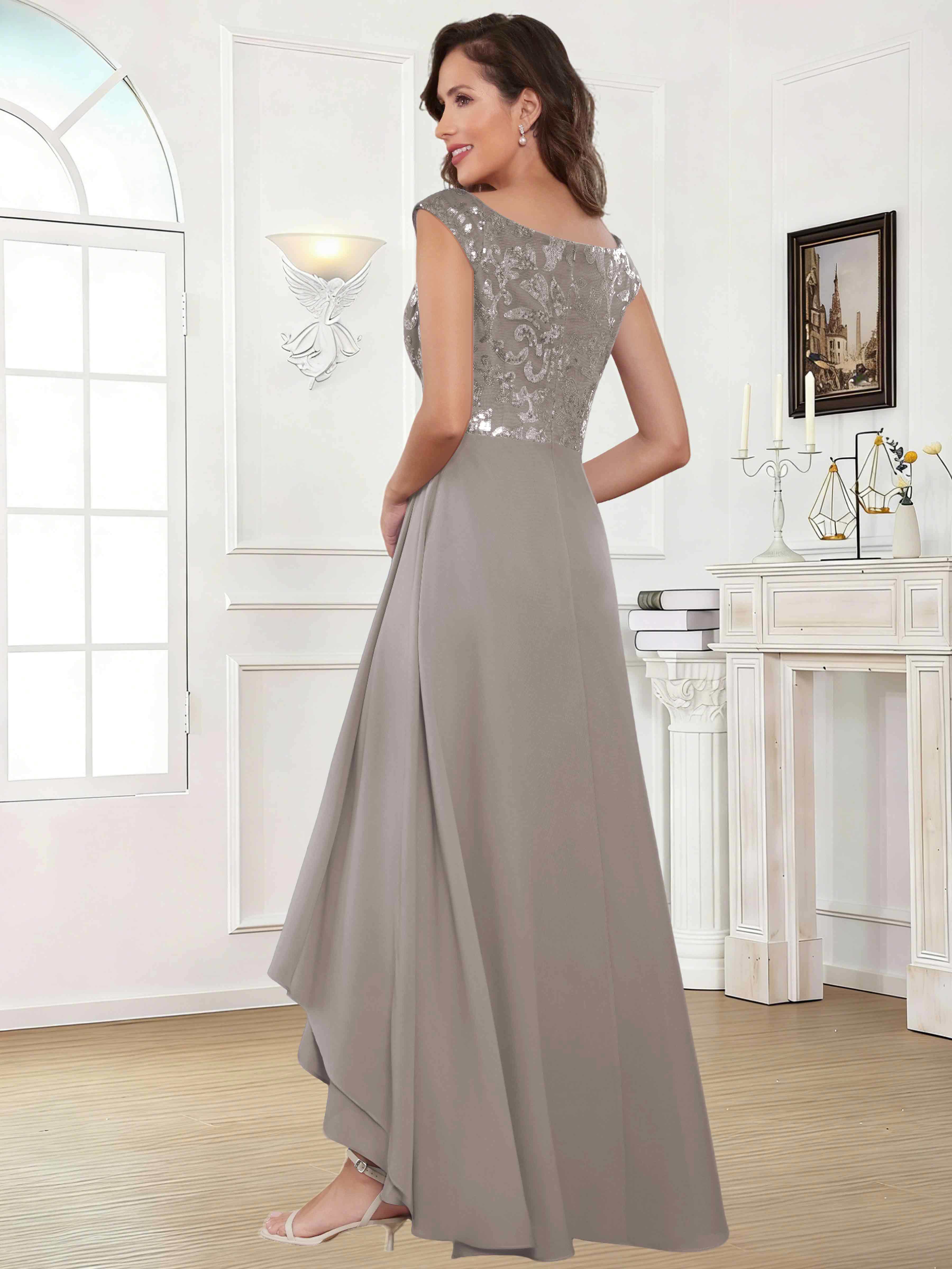 ROVDESY Tea Length Off-The-Shoulder Sequin Chiffon Mother Of The Bride Dress