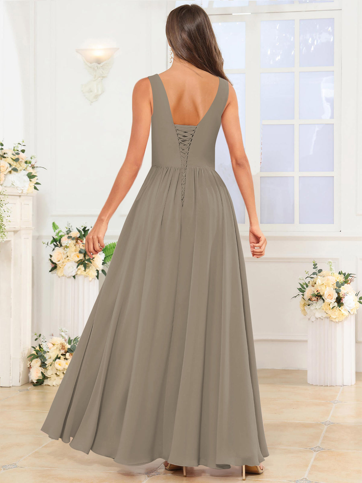 V Neck Chiffon A Line Bridesmaid Dress with Slit