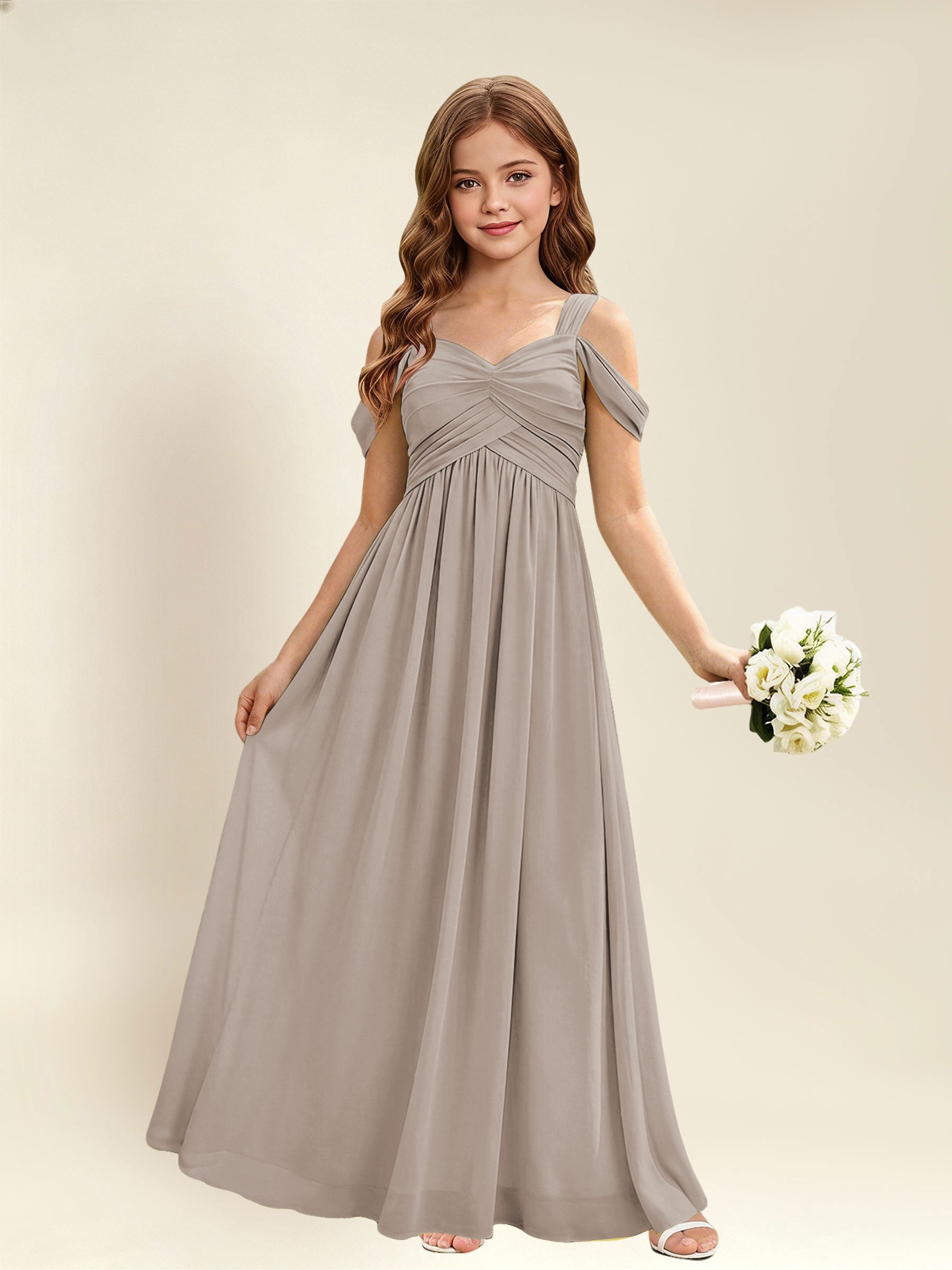 ROVDESY A-Line Off The Shoulder Pleated Chiffon Junior Bridesmaid Dress