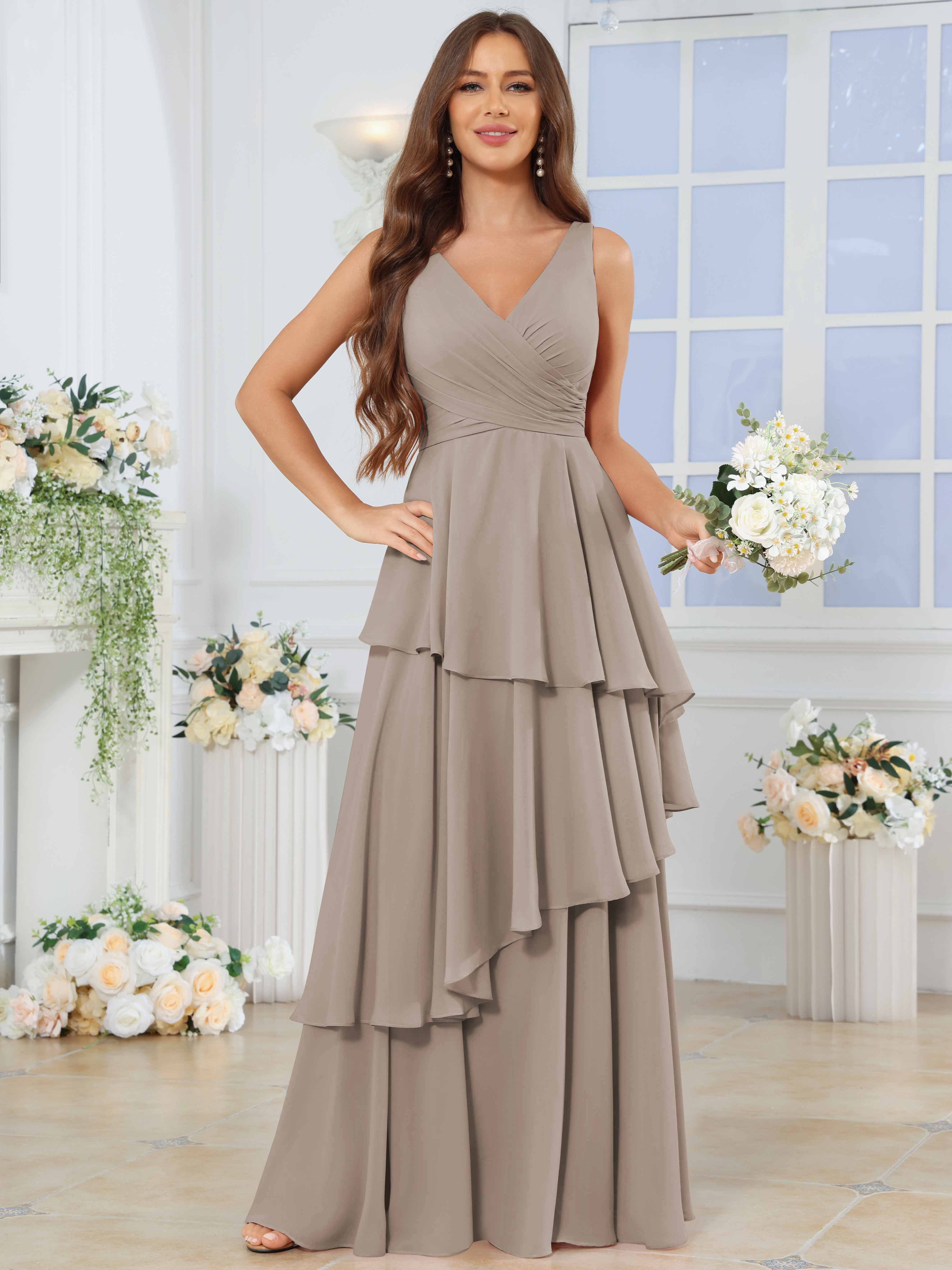 ROVDESY Long Sleeveless V-Neck Tiered Pleated Chiffon Bridesmaid Dress