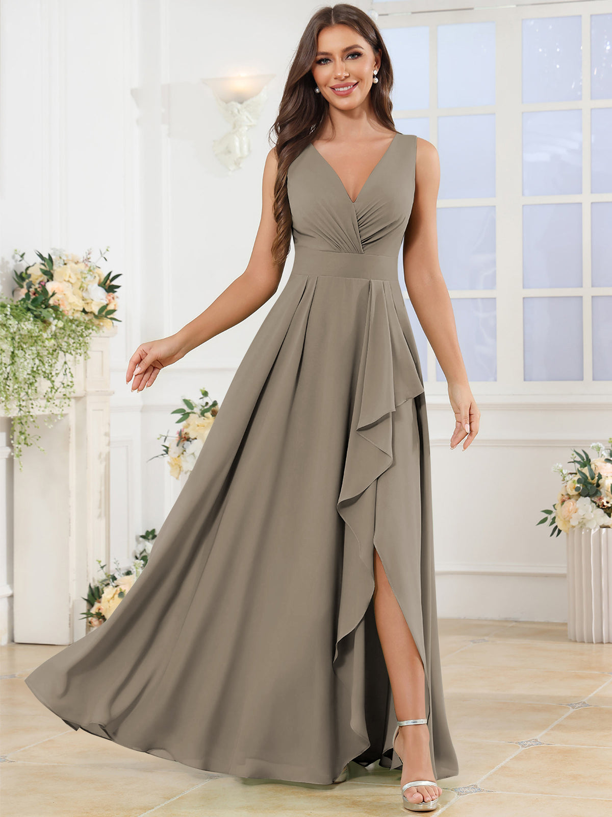 V Neck Chiffon A Line Ruffle Bridesmaid Dress with Slit