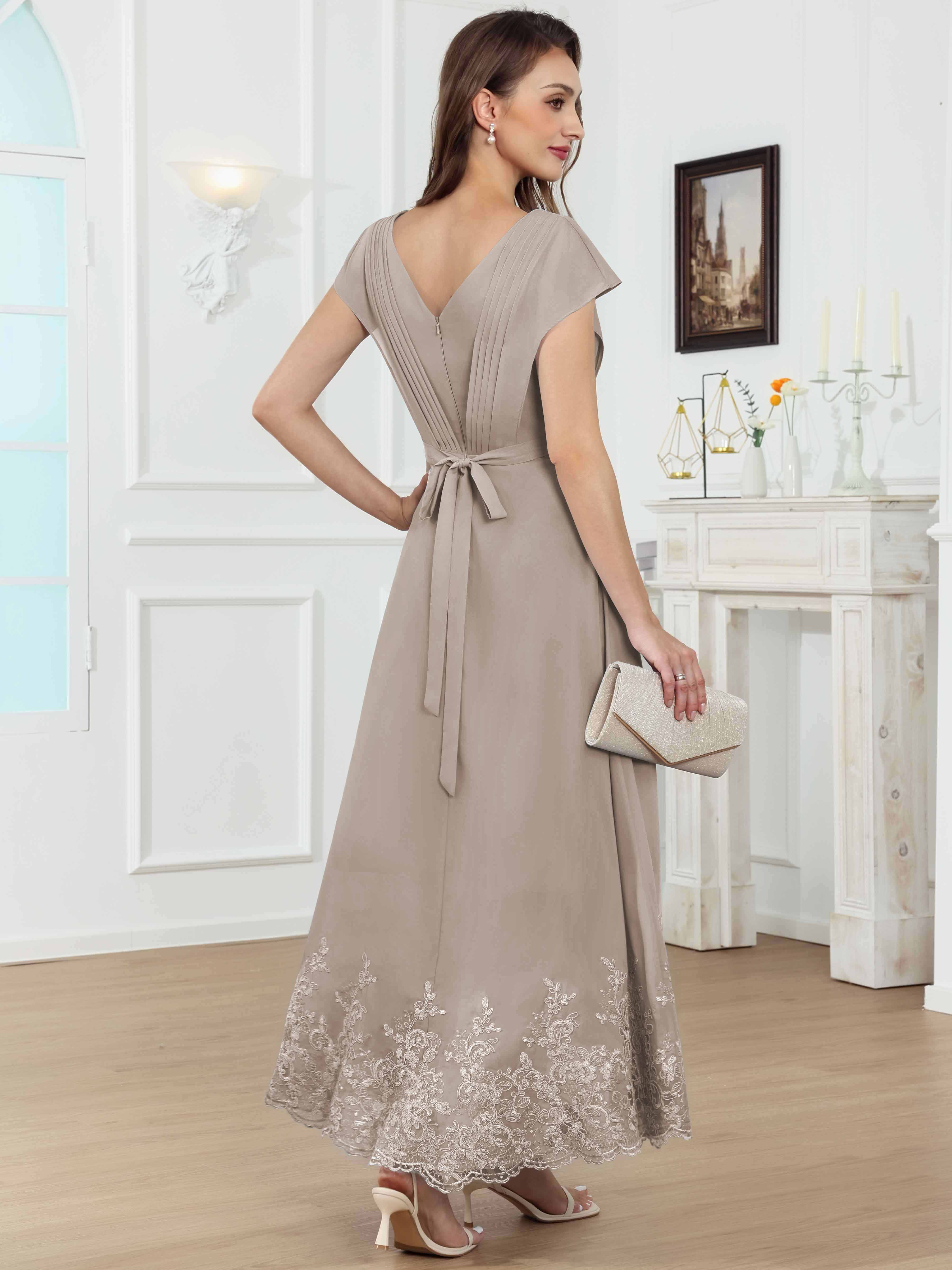 ROVDESY Tea Length High-Low V-Neck Ruched Lace Chiffon Mother of The Bride Dress for Women