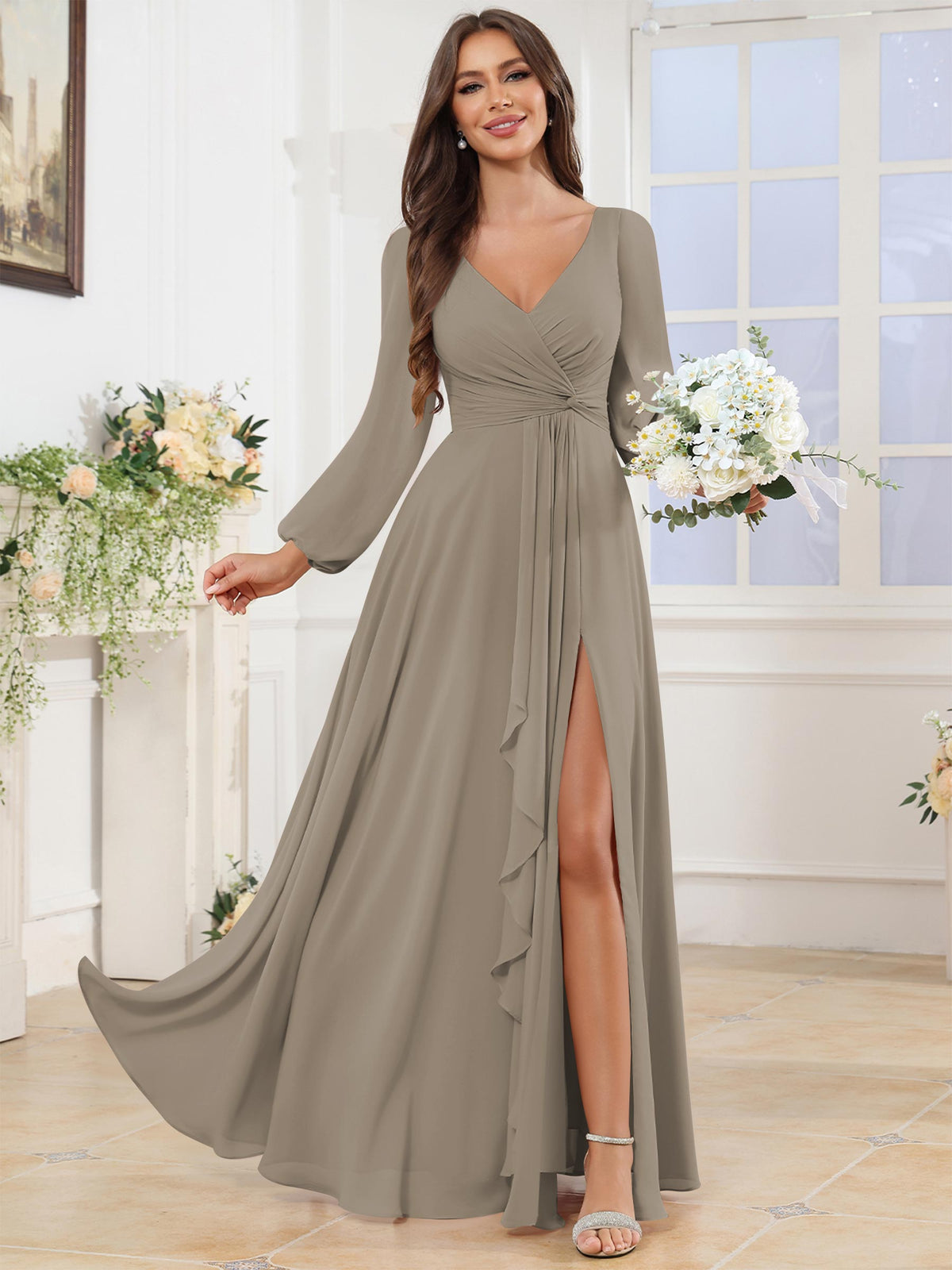 V Neck Chiffon Long Sleeve Bridesmaid Dresses with Slit
