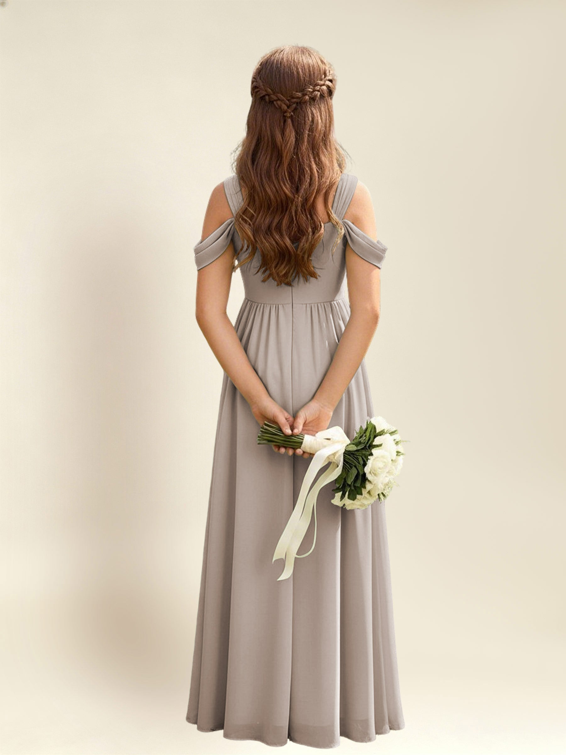 ROVDESY A-Line Off The Shoulder Pleated Chiffon Junior Bridesmaid Dress