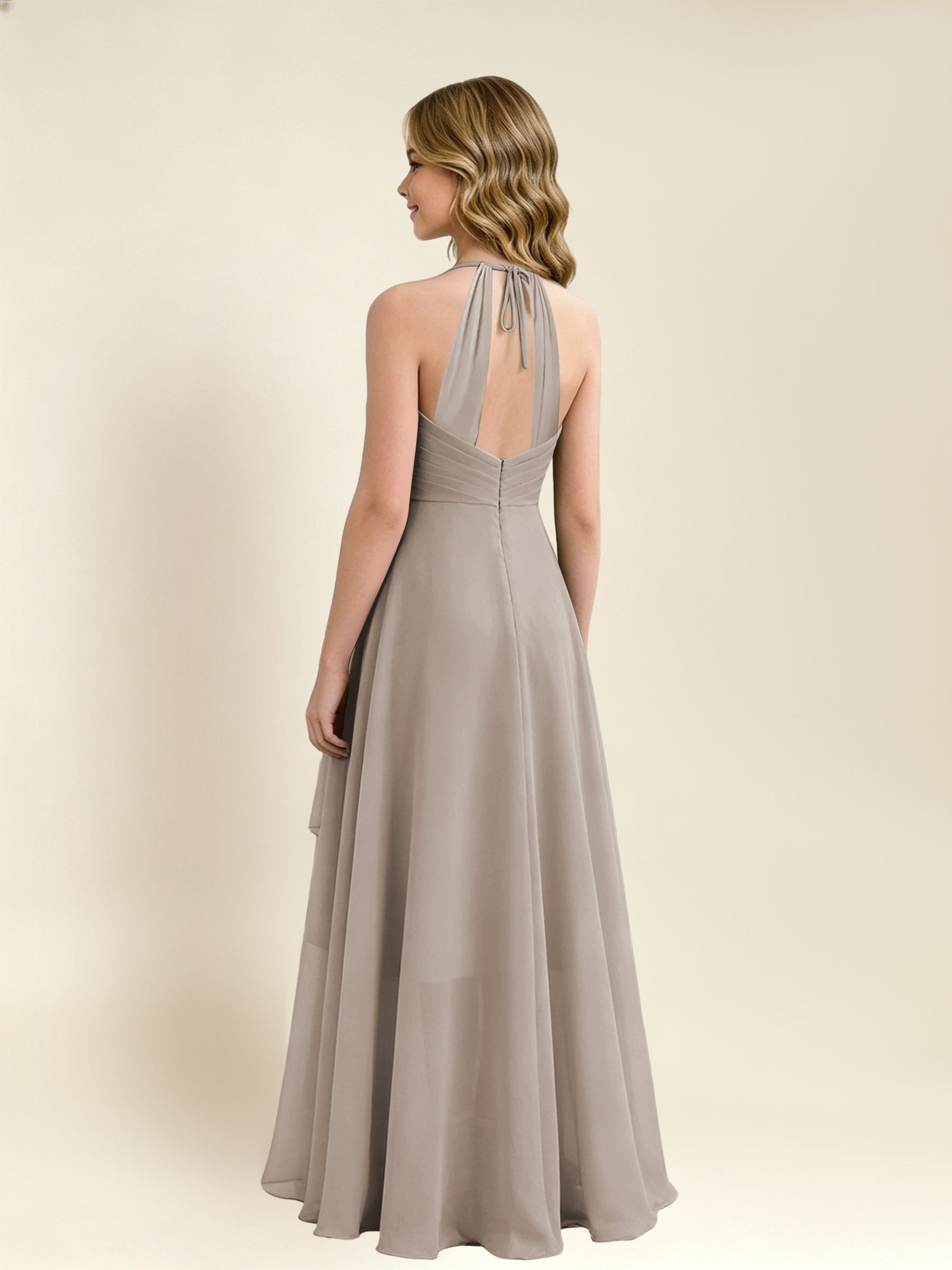 ROVDESY A-Line Halter Pleated Chiffon Junior Bridesmaid Dress