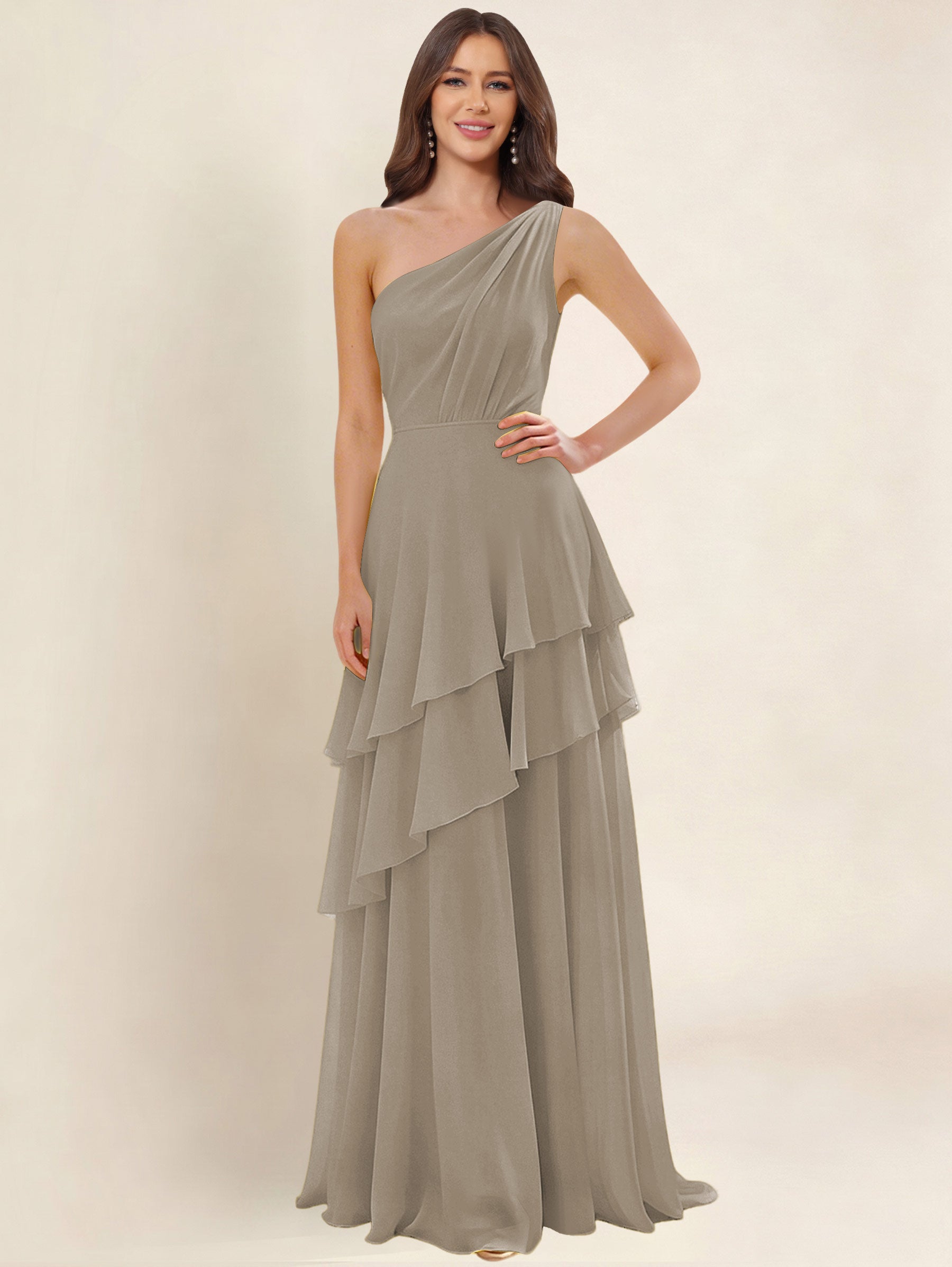 ROVDESY A-Line One Shoulder Pleated Tiered Chiffon Bridesmaid Dress