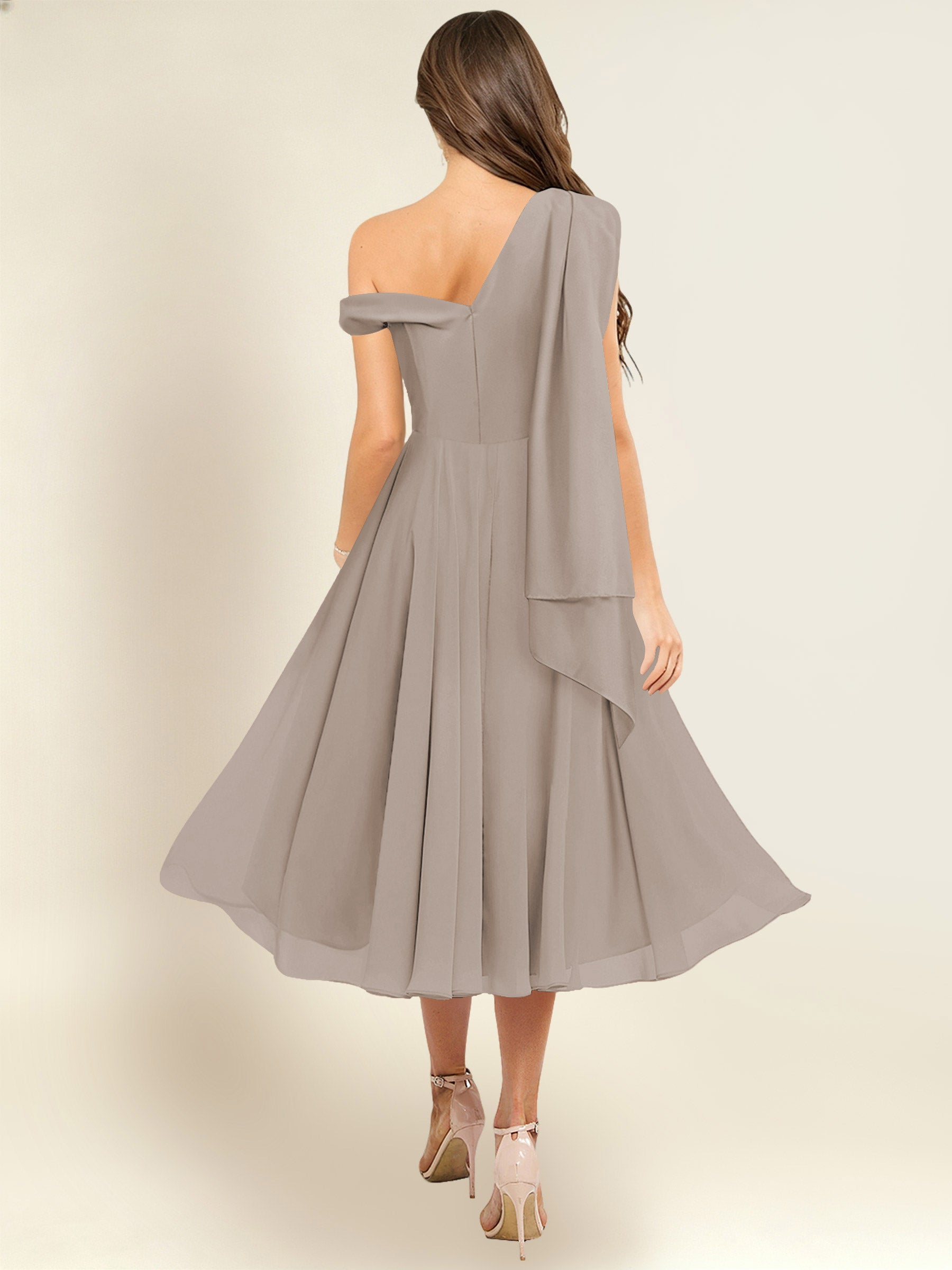 ROVDESY A-Line One Shoulder Pleated Chiffon Bridesmaid Dress With Flowing Sash