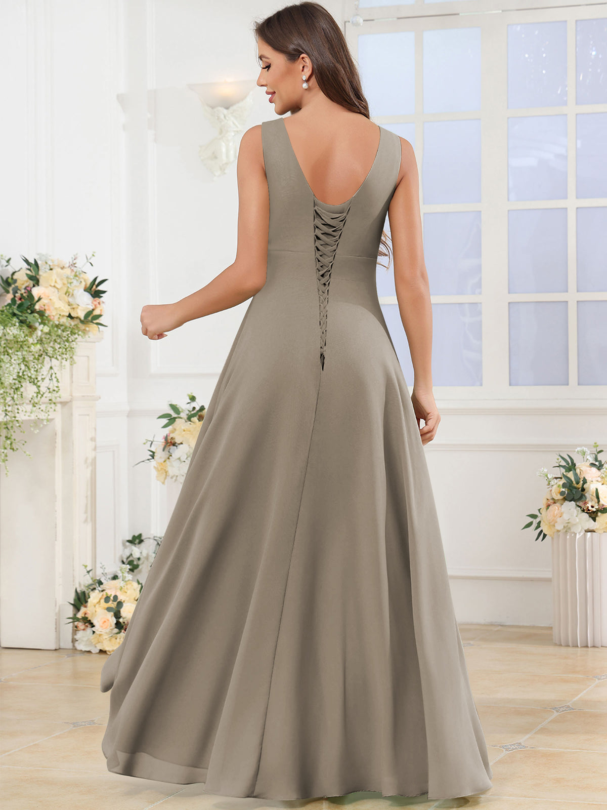 V Neck Chiffon A Line Ruffle Bridesmaid Dress with Slit
