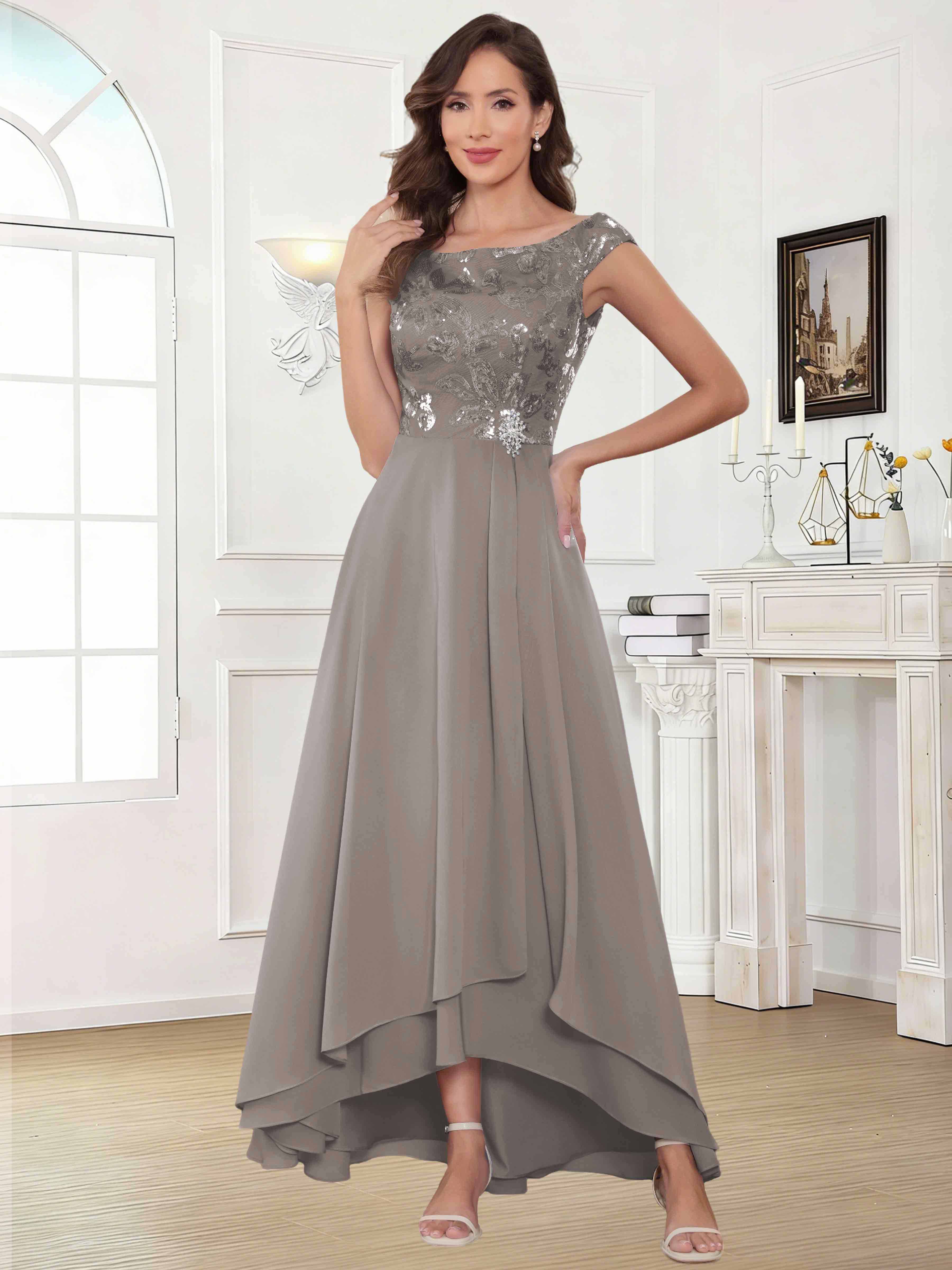 ROVDESY Tea Length Off-The-Shoulder Sequin Chiffon Mother Of The Bride Dress