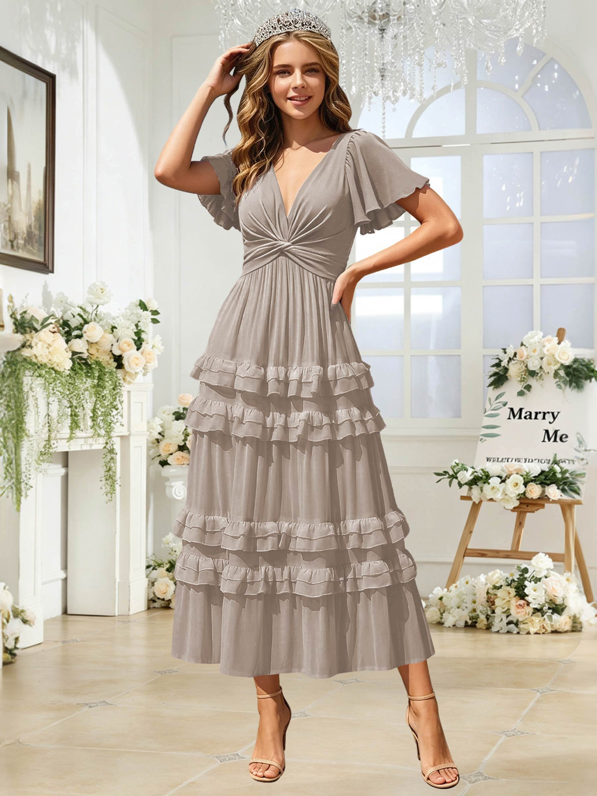 A Line Chiffon Pleated Bridesmaid Dress with Sleeves