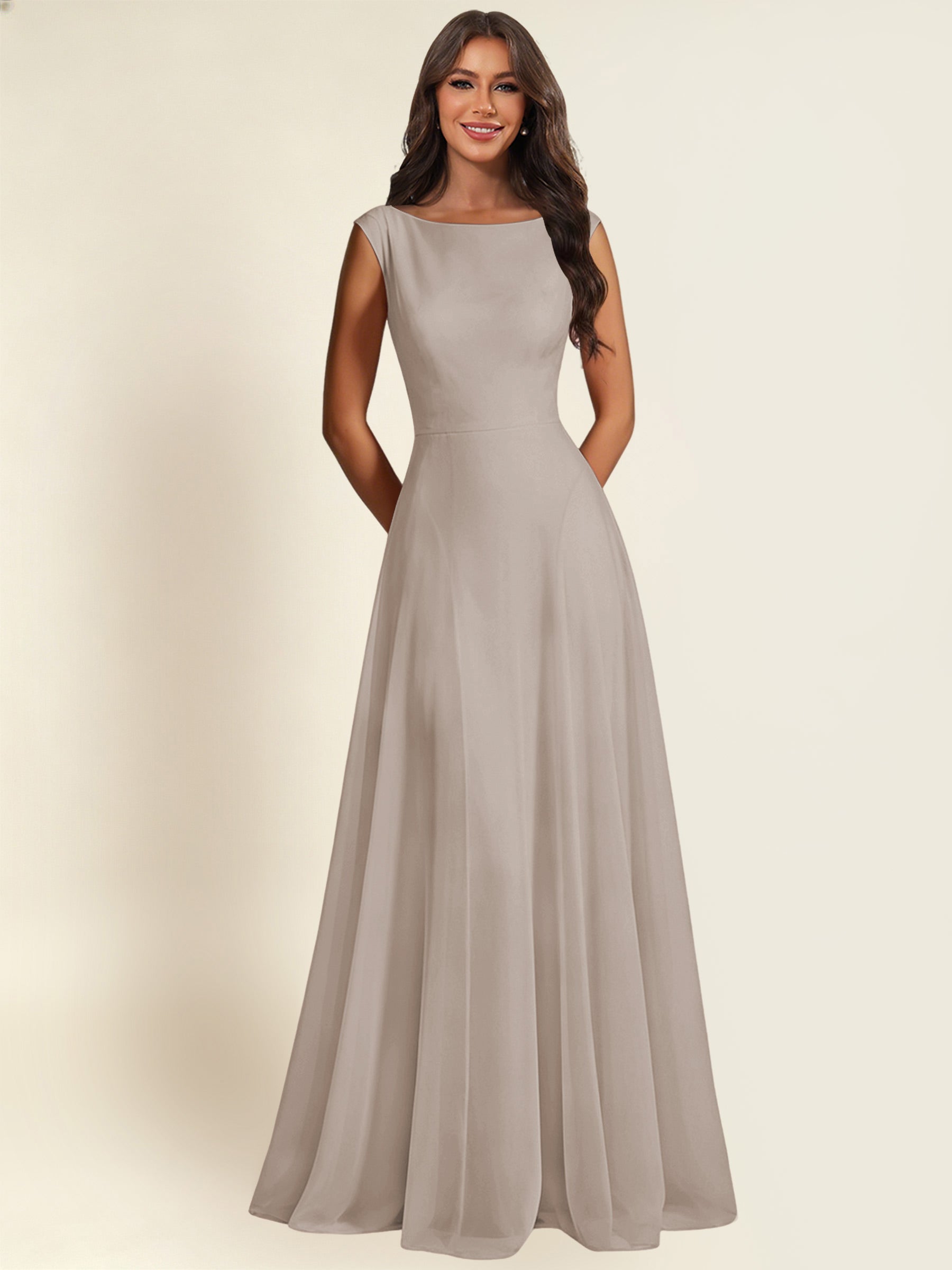 ROVDESY A-Line Chiffon Long Bridesmaid Dress With Sleeveless
