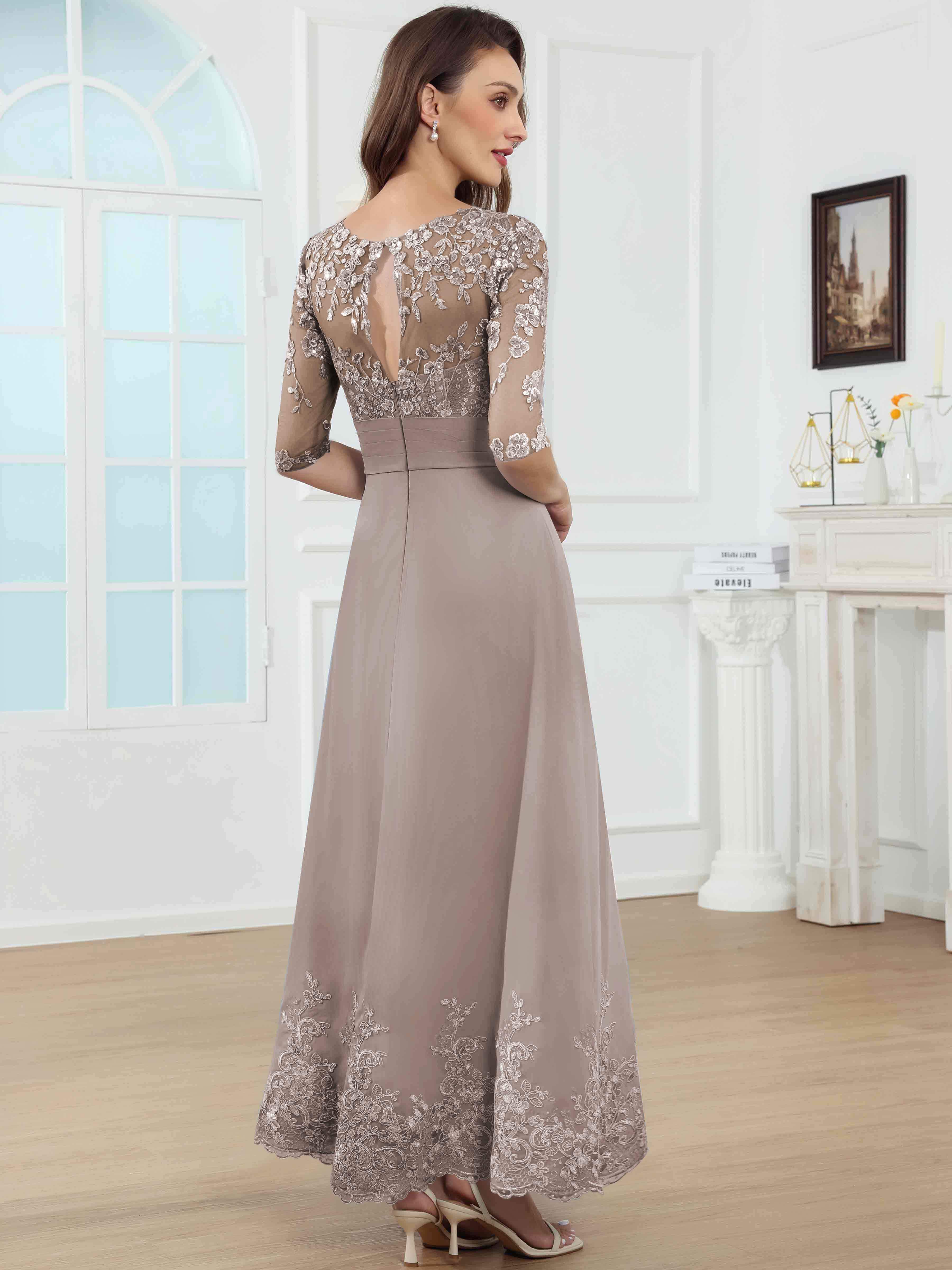 ROVDESY A-Line Lace Sequin Pleated Chiffon Mother Of The Bride Dress With Half Sleeves