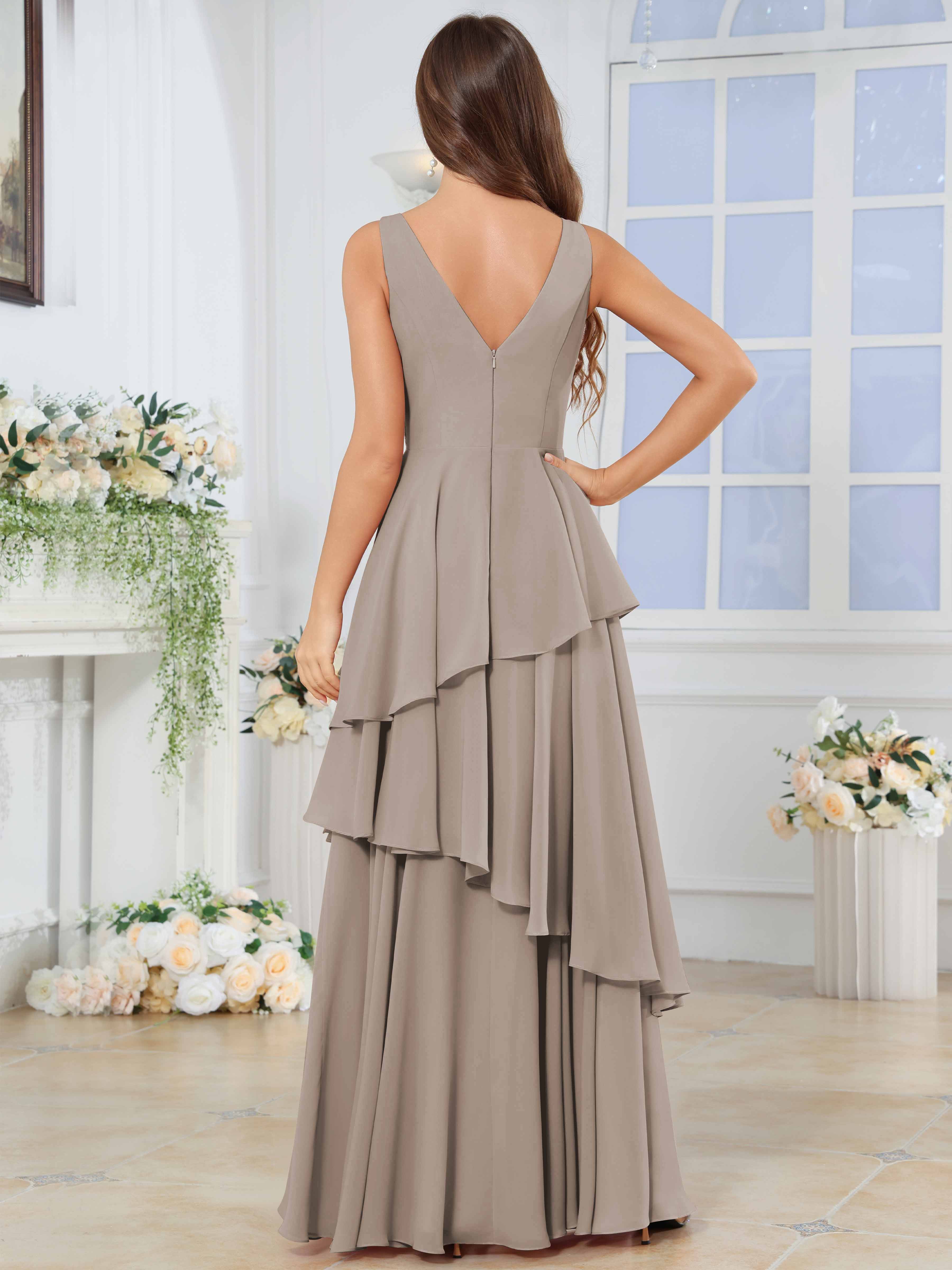 ROVDESY Long Sleeveless V-Neck Tiered Pleated Chiffon Bridesmaid Dress
