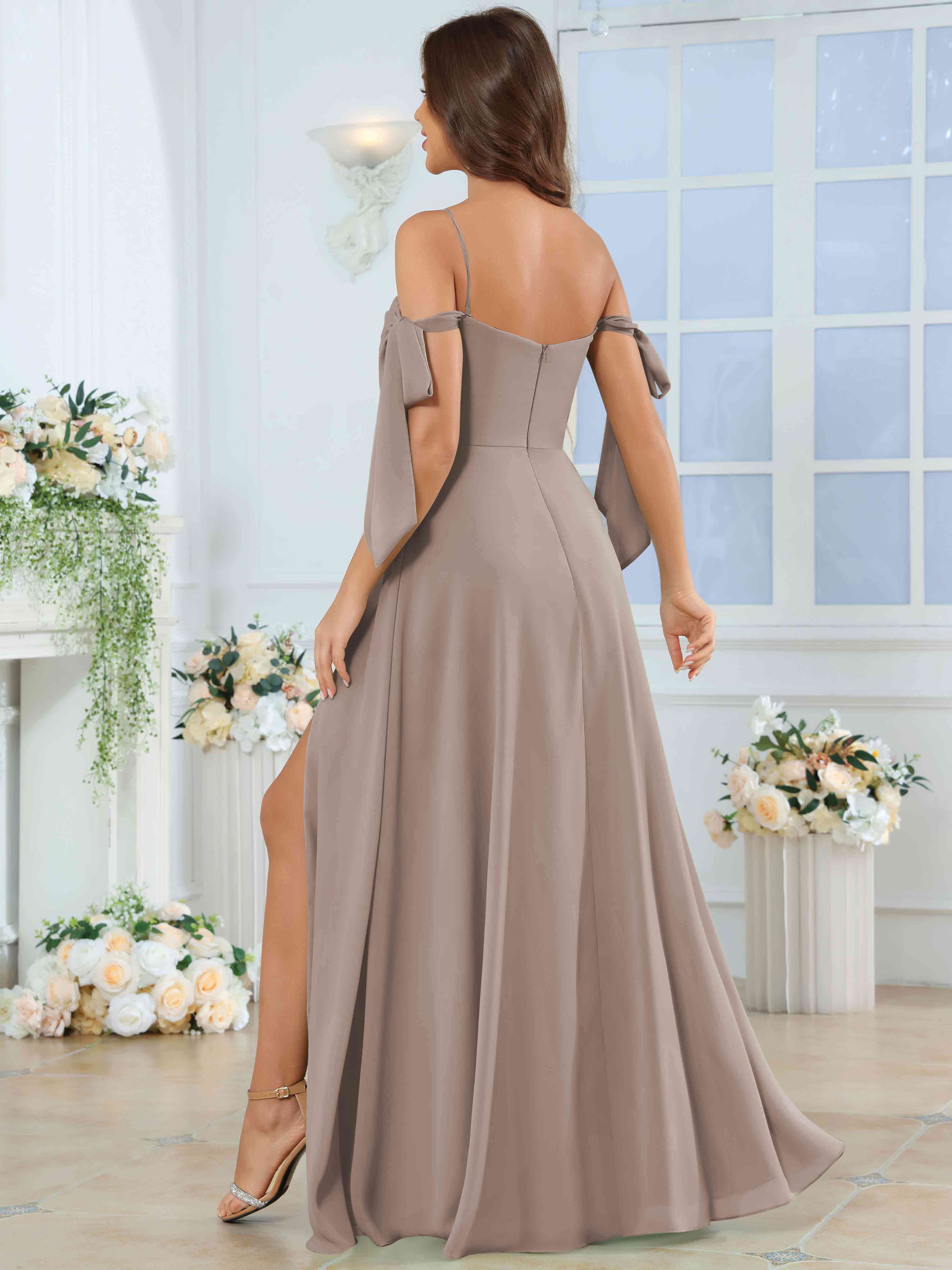 ROVDESY Spaghetti Strap Pleated Ruffle Slit Chiffon Bridesmaid Dress With Bow Sleeves