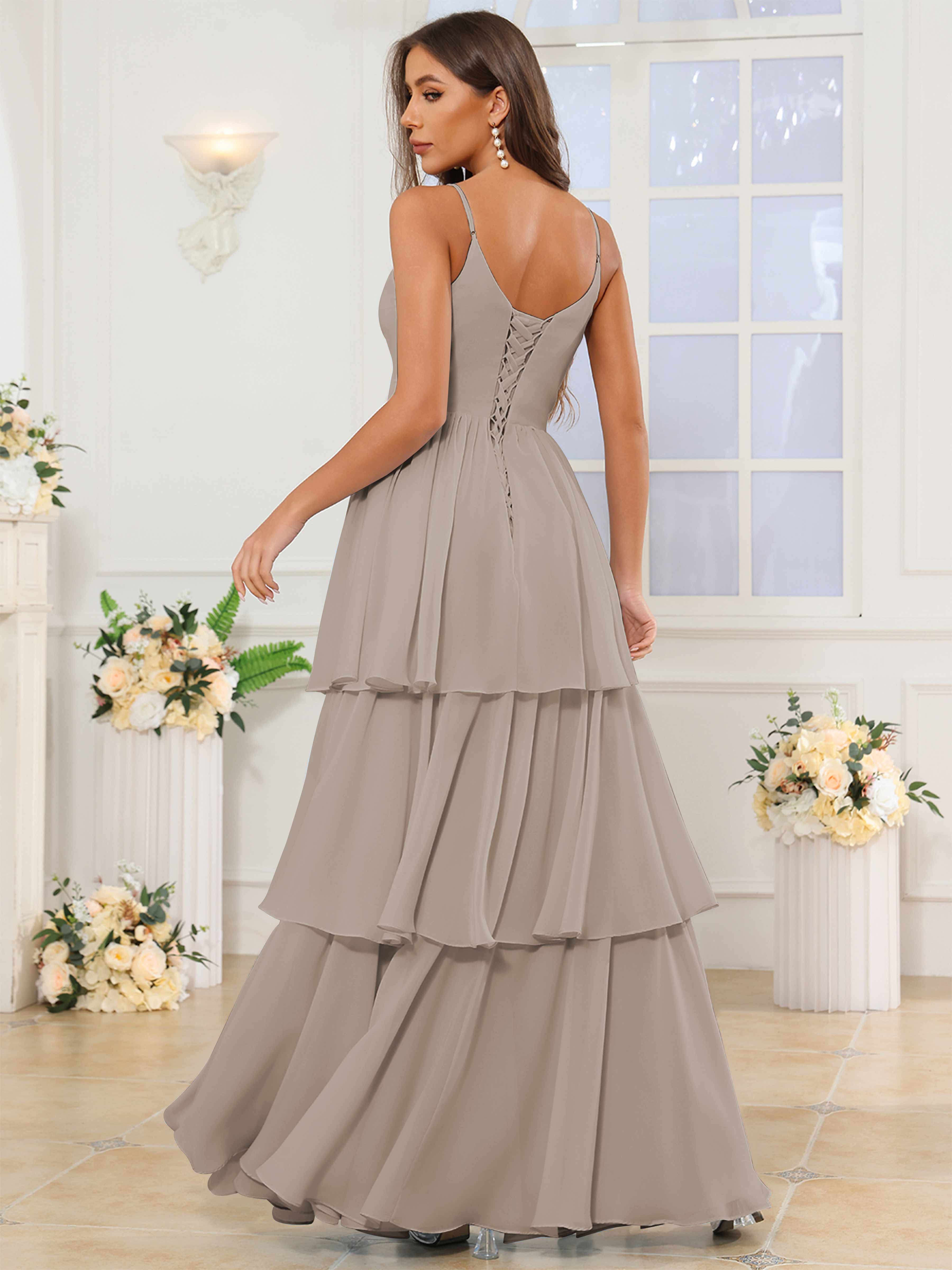 ROVDESY V-Neck Spaghetti Straps Tiered Chiffon Bridesmaid Dress With Ruffles