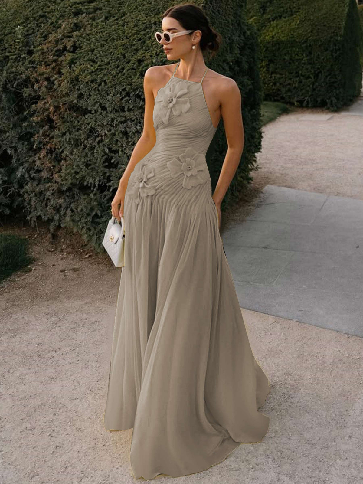Halter Long Pleated Chiffon Prom Dress with 3D Flower