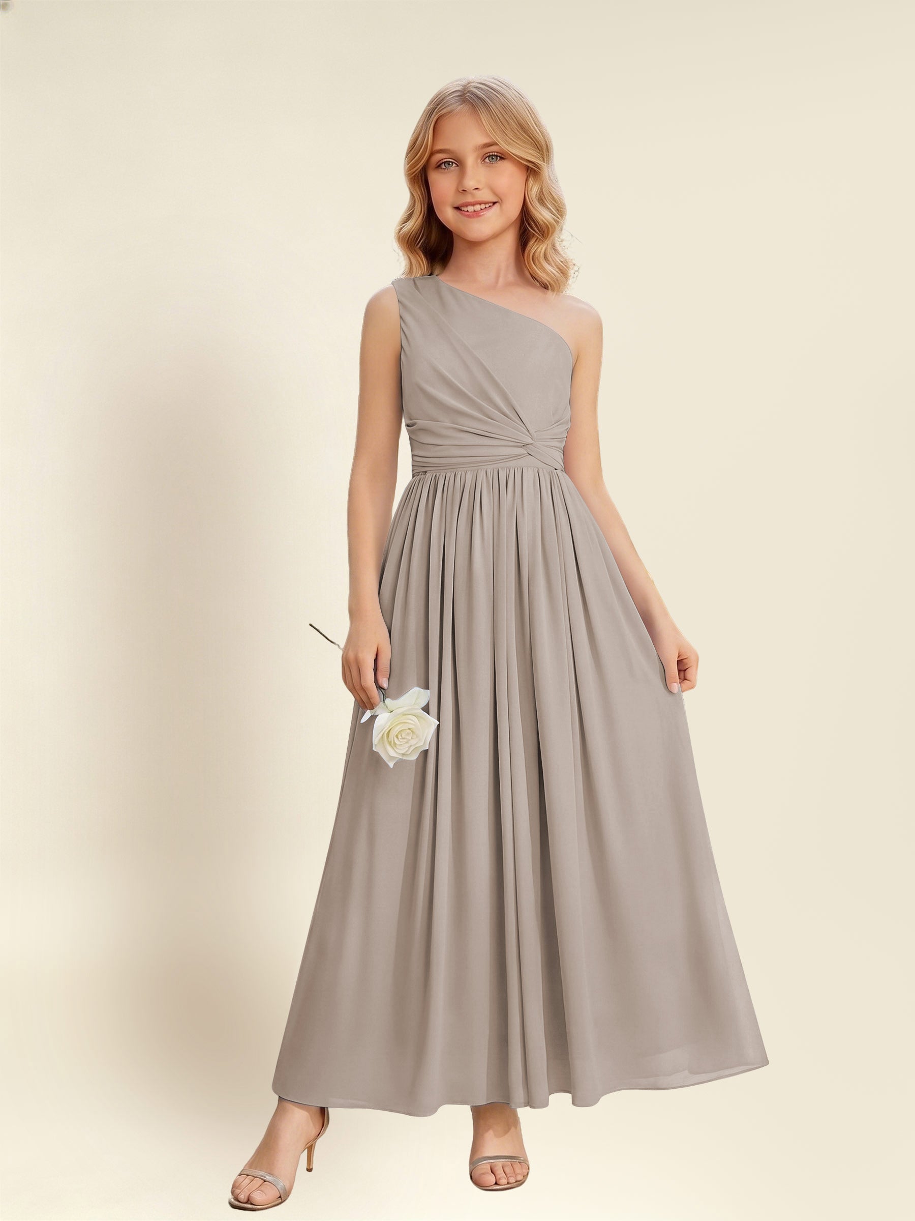 ROVDESY One Shoulder Twist Waist Chiffon Junior Bridesmaid Maxi Dress