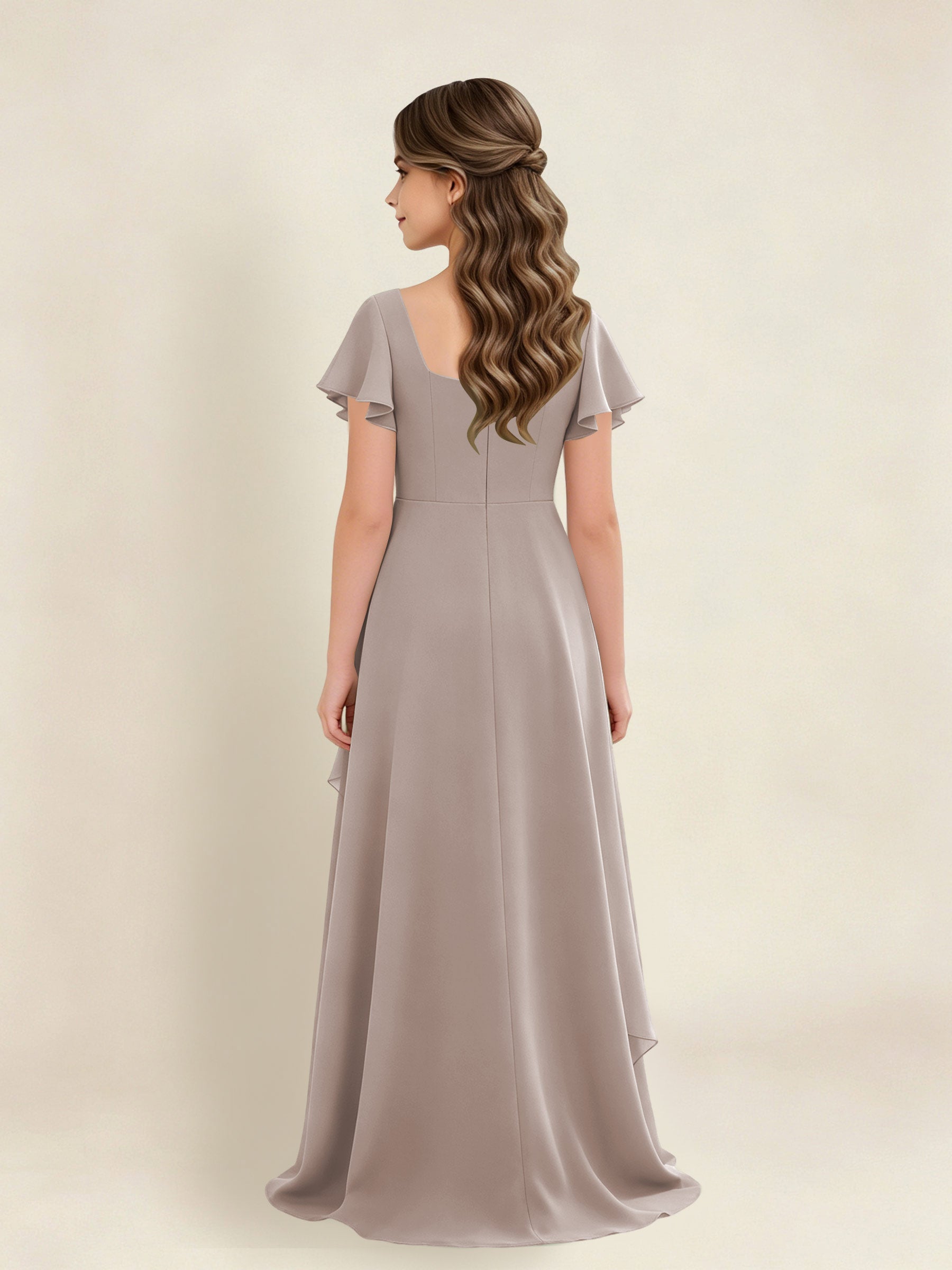 ROVDESY A-Line Square Neck Ruffle Chiffon Junior Bridesmaid Dress With Short Sleeves