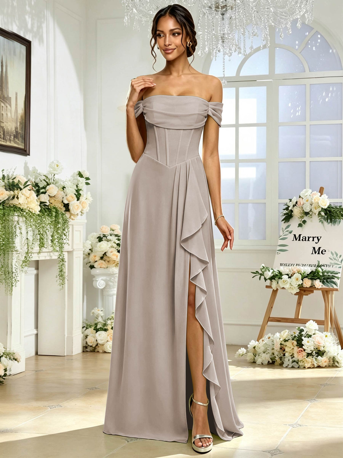 Off the Shoulder Chiffon A Line Long Bridesmaid Dress with Slit