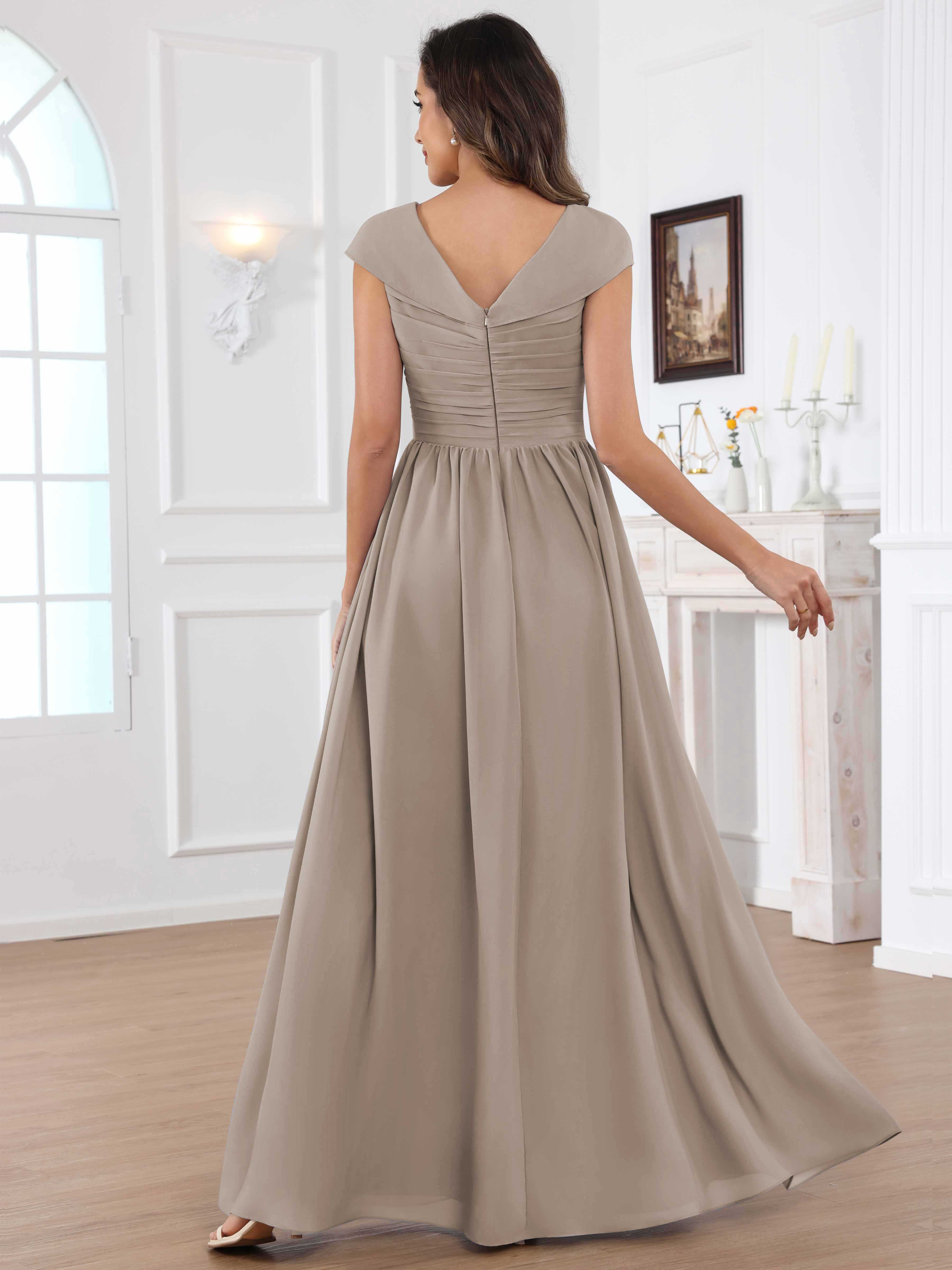 ROVDESY A-Line Cap Sleeves Pleated Chiffon Mother Of The Bride Dress