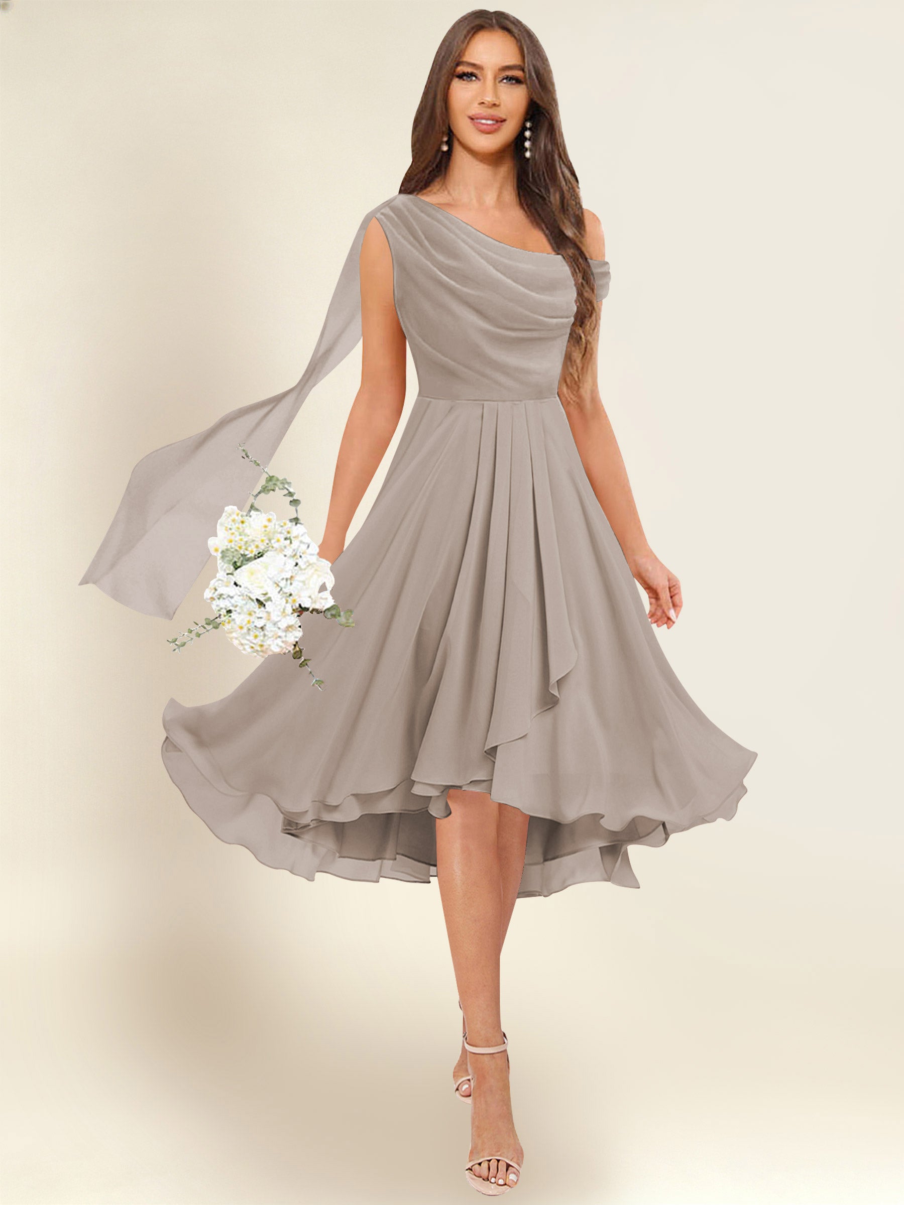ROVDESY A-Line One Shoulder Pleated Chiffon Bridesmaid Dress With Flowing Sash