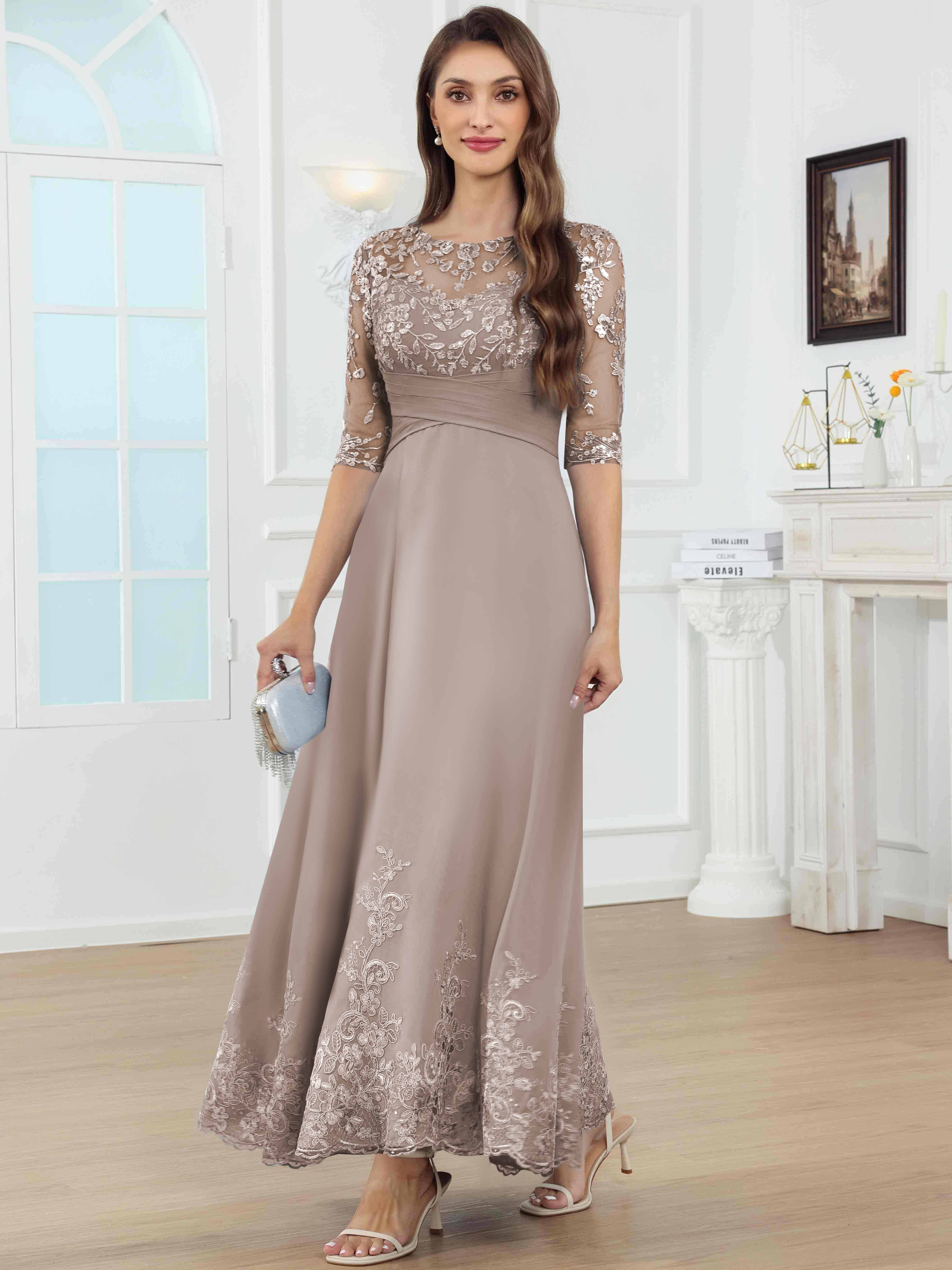 ROVDESY A-Line Lace Sequin Pleated Chiffon Mother Of The Bride Dress With Half Sleeves