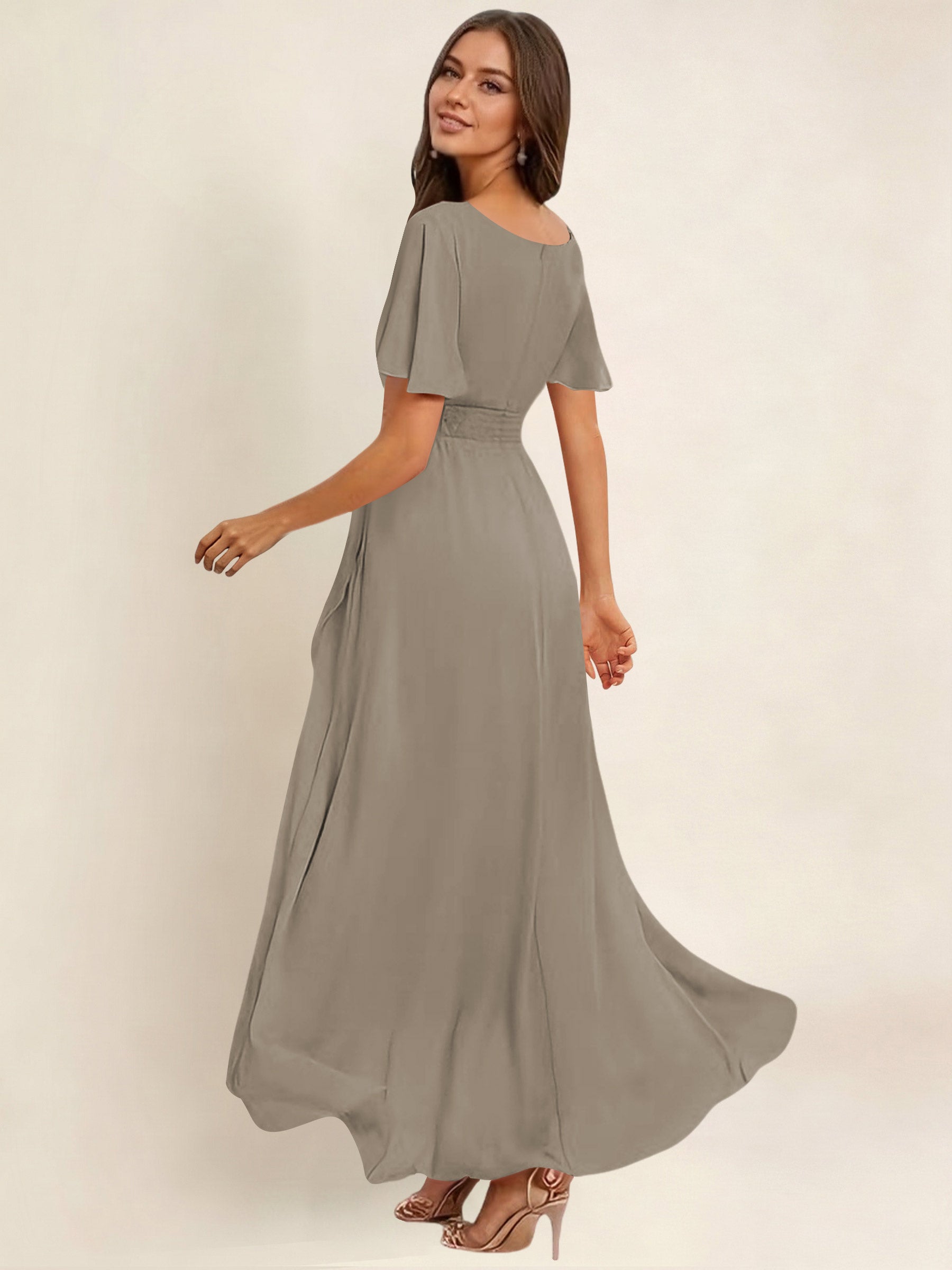 ROVDESY A-Line High Low Round Neck Pleated Ruffle Chiffon Bridesmaid Dress With Short Sleeves