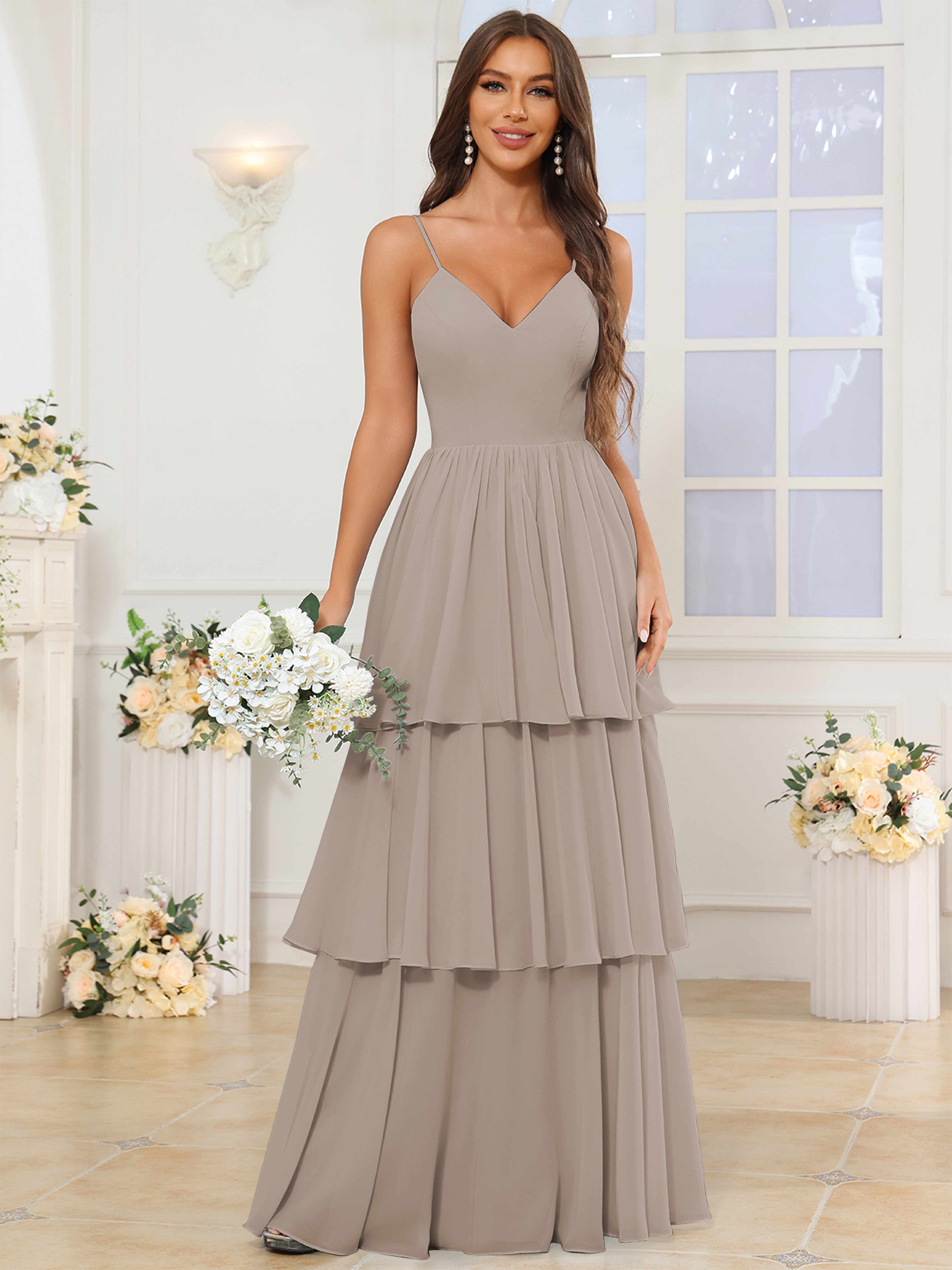 ROVDESY V-Neck Spaghetti Straps Tiered Chiffon Bridesmaid Dress With Ruffles