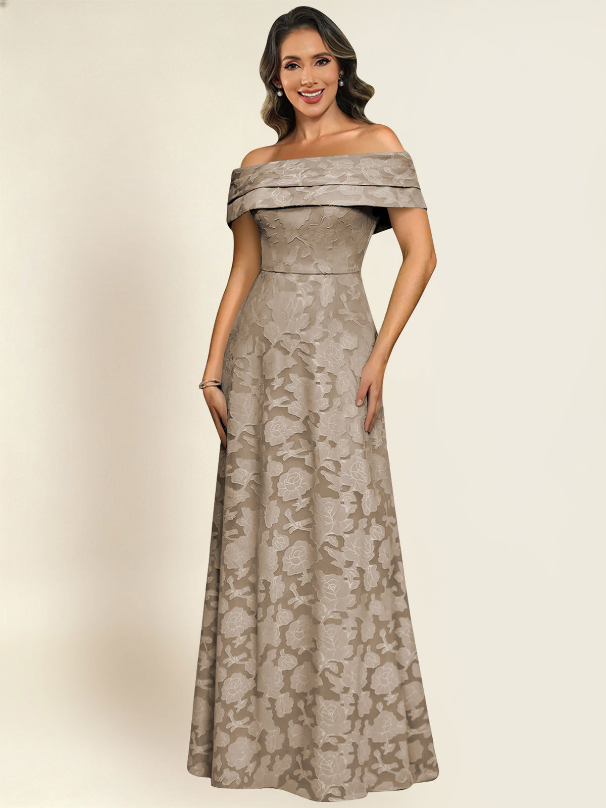 ROVDESY Off the Shoulder Floral Jacquard A-Line Long Mother of the Bride Dress