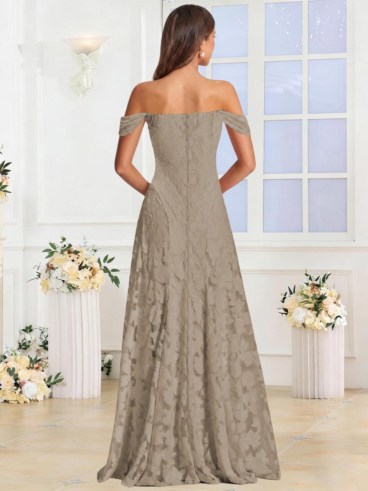 Off the Shoulder Floral Ruched A-line Bridesmaid Dress