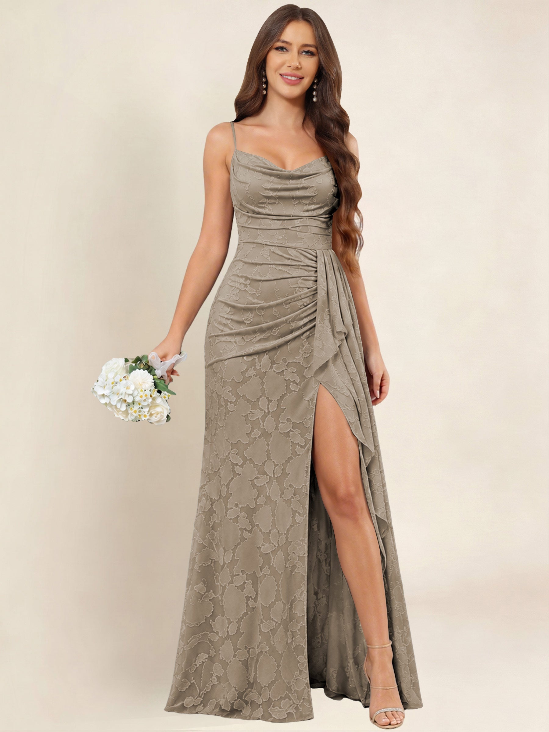 ROVDESY  Cowl Neck Ruffle Mermaid Chiffon Jacquard Bridesmaid/Prom Dress With Slit