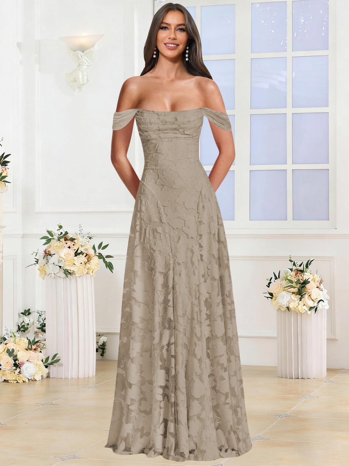 Off the Shoulder Floral Ruched A-line Bridesmaid Dress
