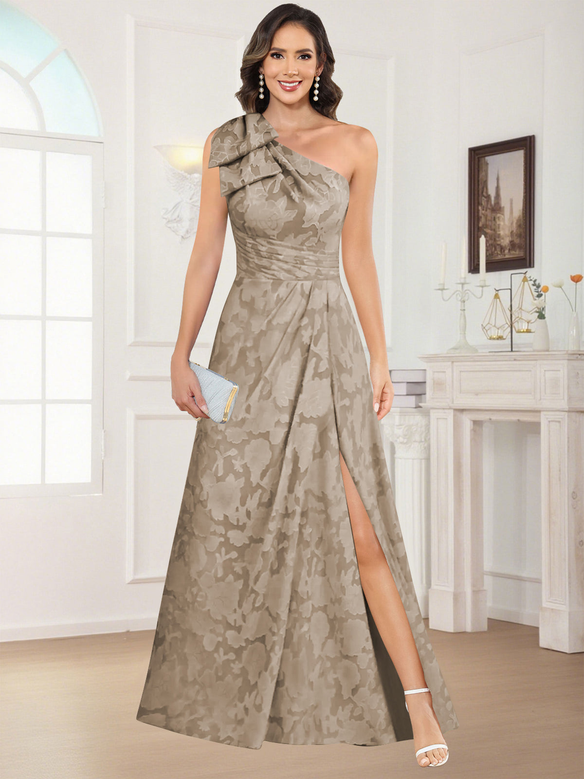 One Shoulder Floral Jacquard Mother of the Bride Dress