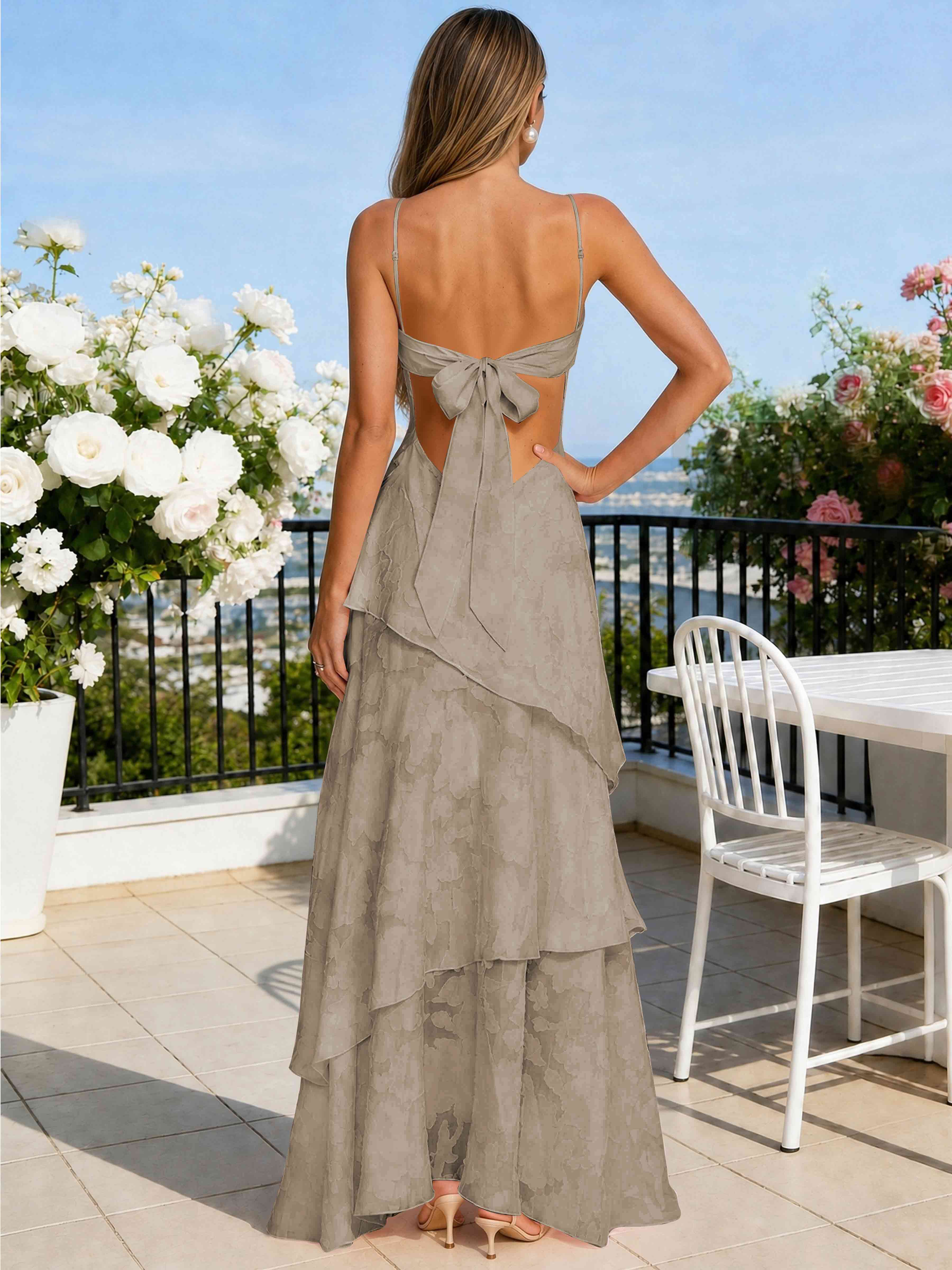 ROVDESY Spaghetti Strap V-Neck Chiffon Jacquard Tiered Ruffle Long Bridesmaid/Prom Dress