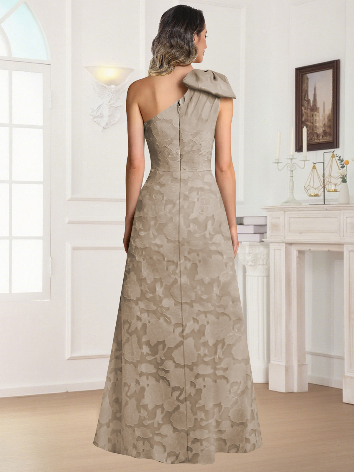 One Shoulder Floral Jacquard Mother of the Bride Dress