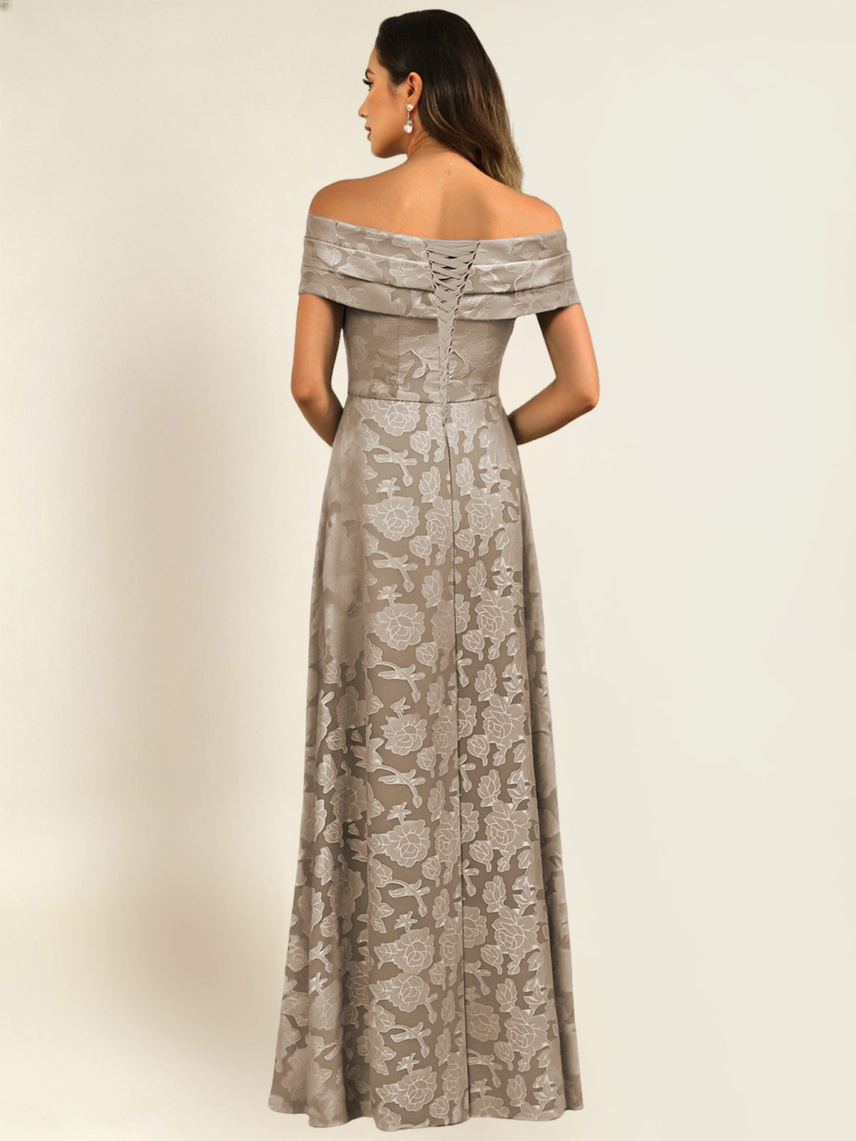 ROVDESY Off the Shoulder Floral Jacquard A-Line Long Mother of the Bride Dress