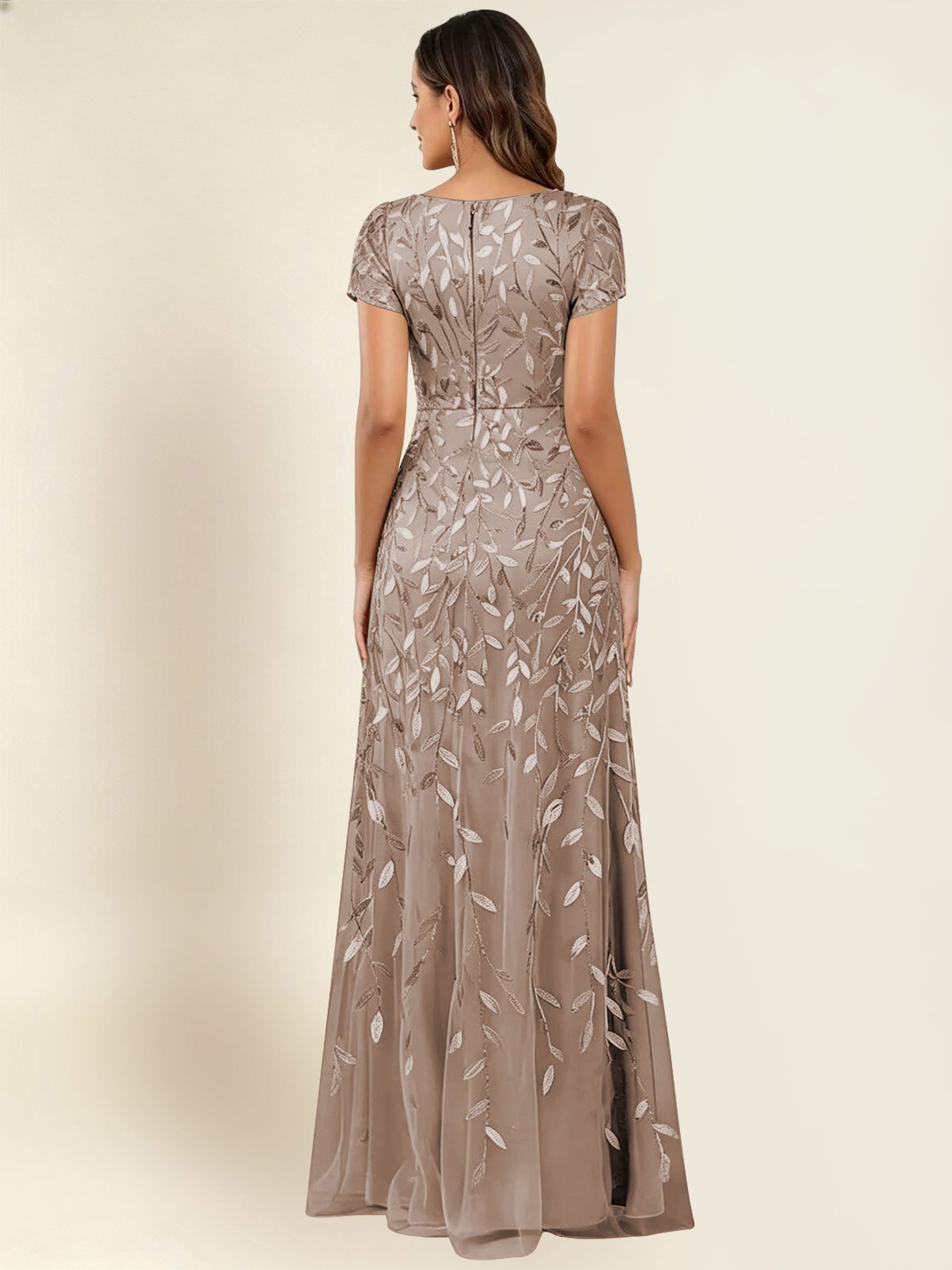 ROVDESY Sequin Mermaid Long Mother Of The Bride Dress With Short Sleeves Formal Gown