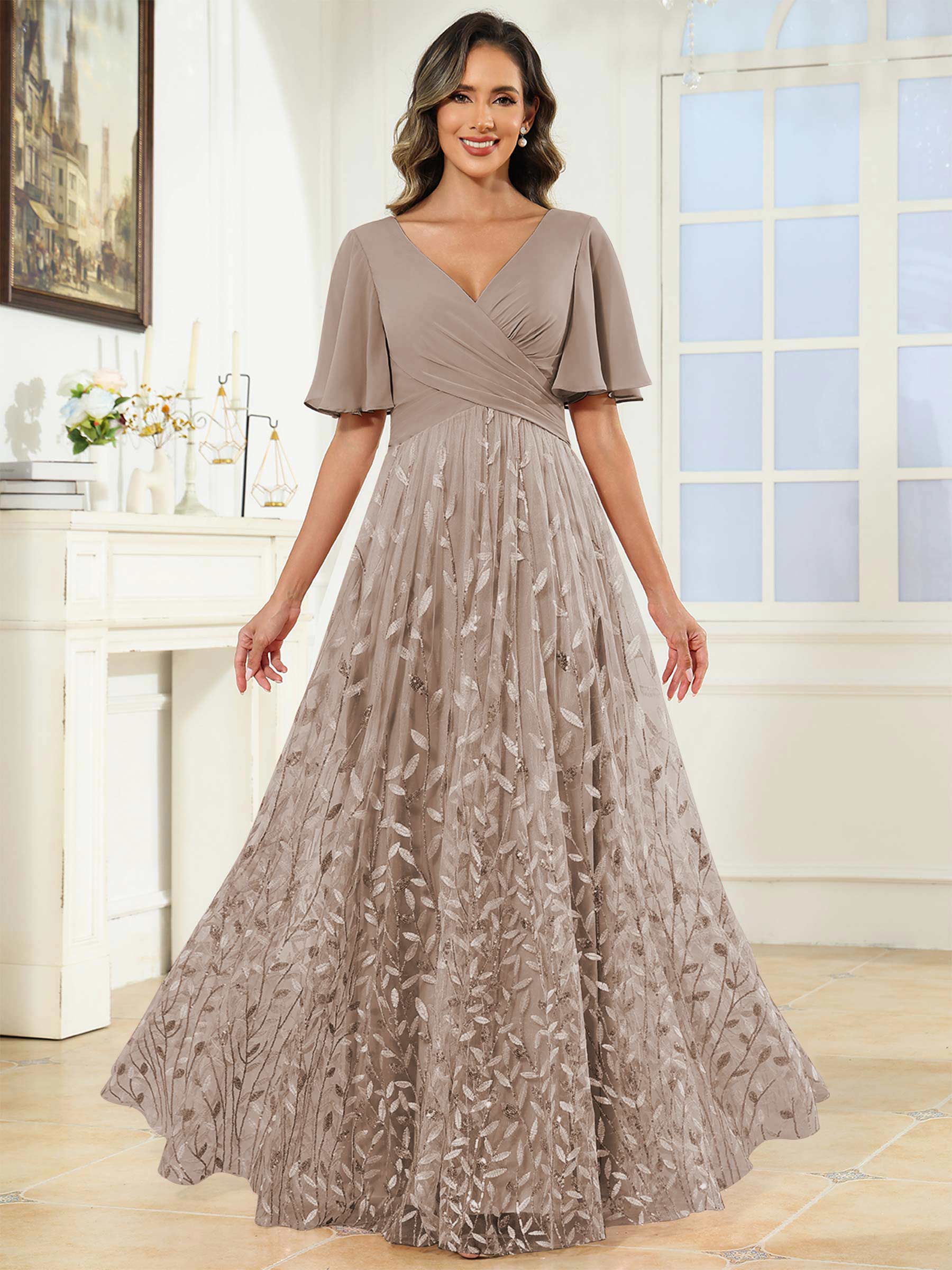ROVDESY A-Line V-Neck Chiffon Sequin Mother Of The Bride Dress With Short Sleeves