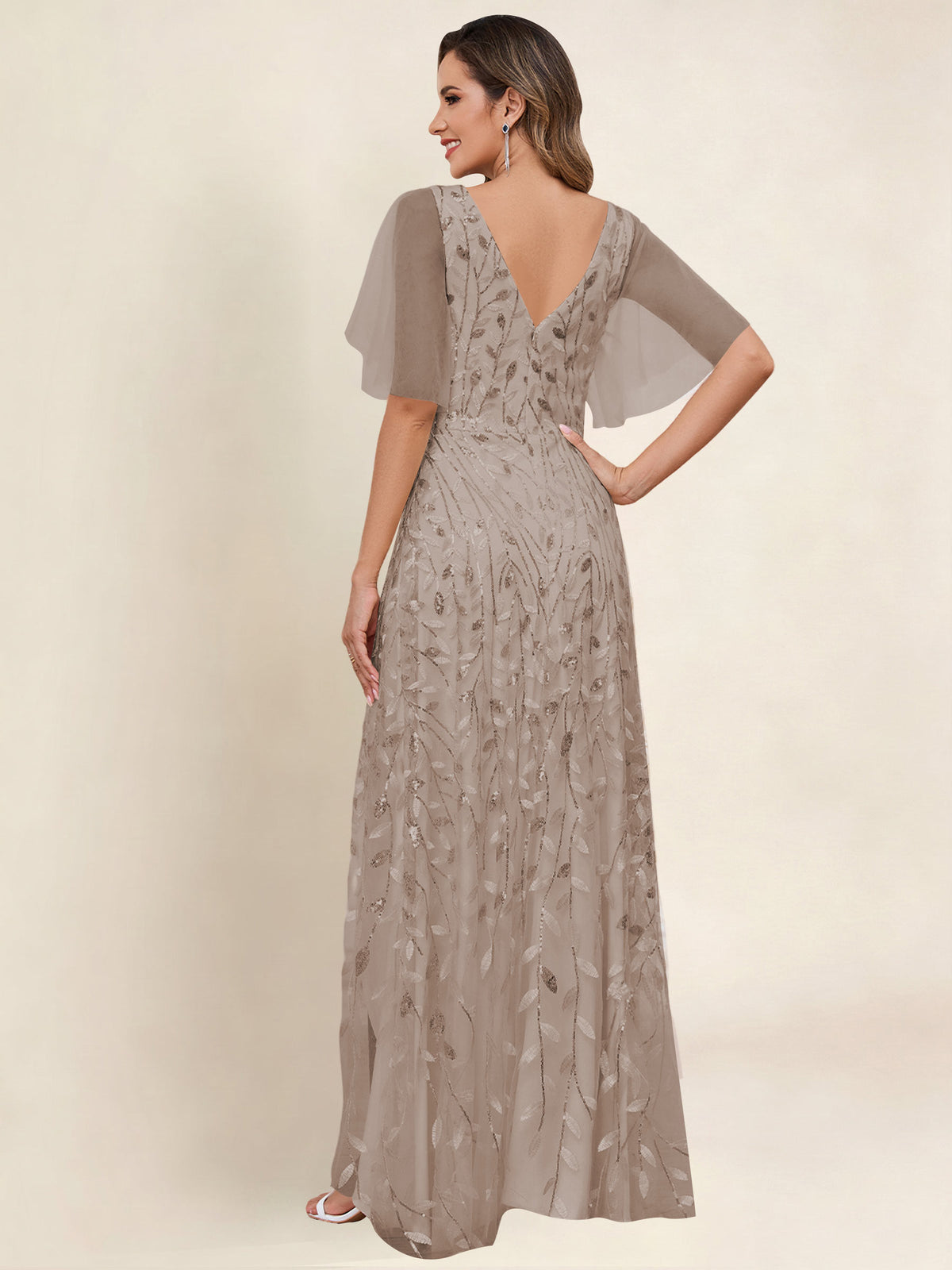 V Neck Sequin Tulle A Line Mother of the Bride Dress with Sleeves