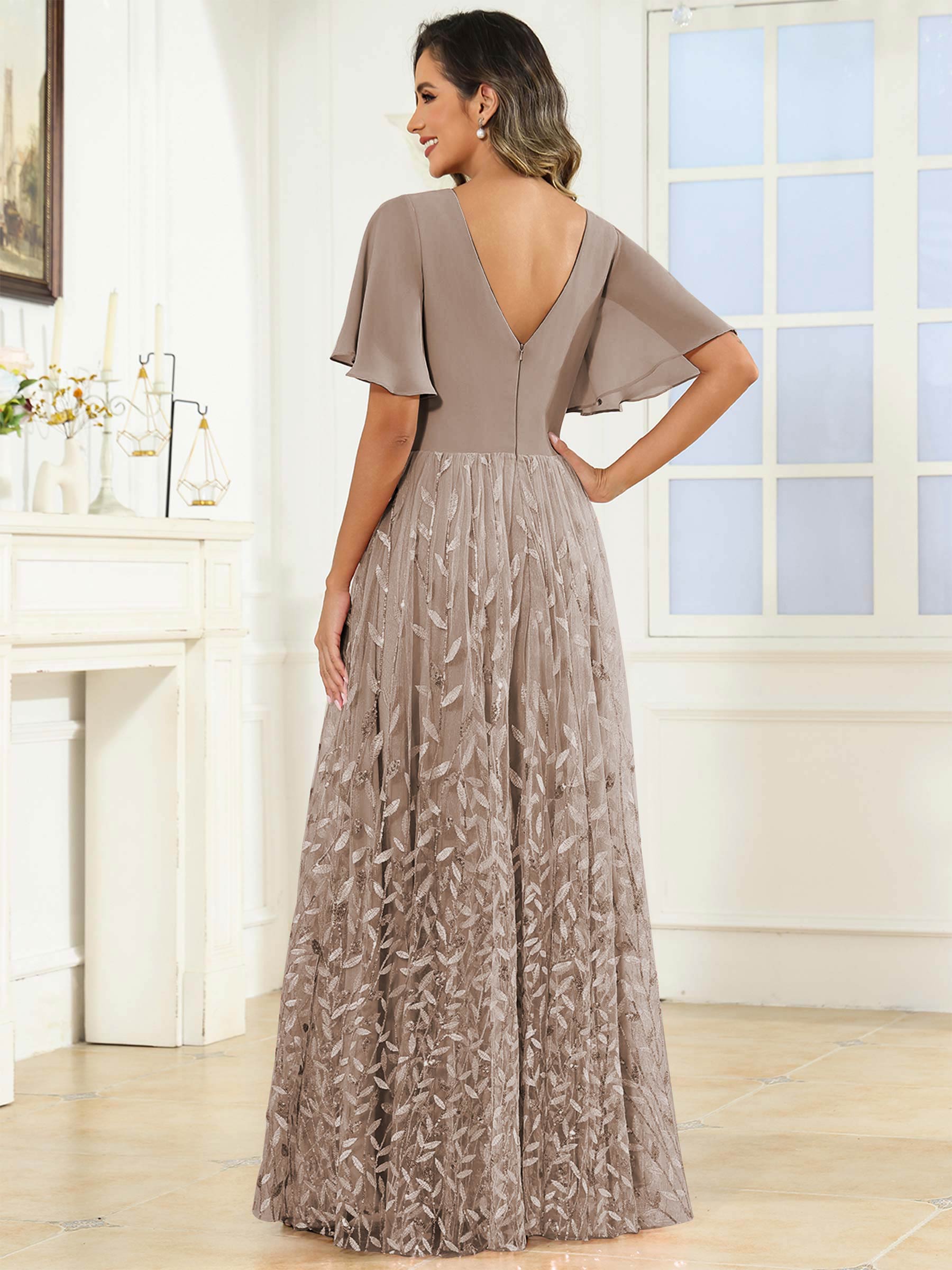 ROVDESY A-Line V-Neck Chiffon Sequin Mother Of The Bride Dress With Short Sleeves