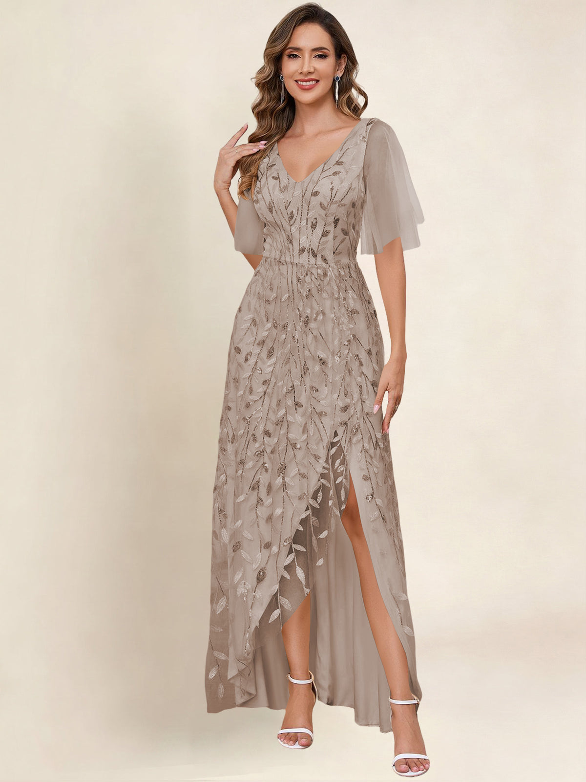 V Neck Sequin Tulle A Line Mother of the Bride Dress with Sleeves